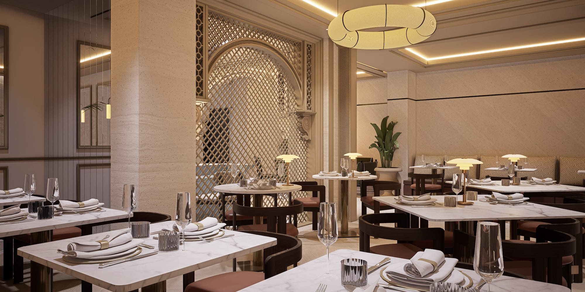 Elegant luxury restaurant interior with marble tables, ornate screen, and modern decor.