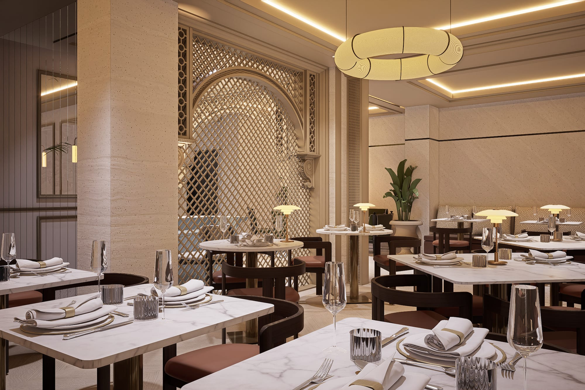 Elegant dining room with marble tables, ornate lattice, and soft lighting.