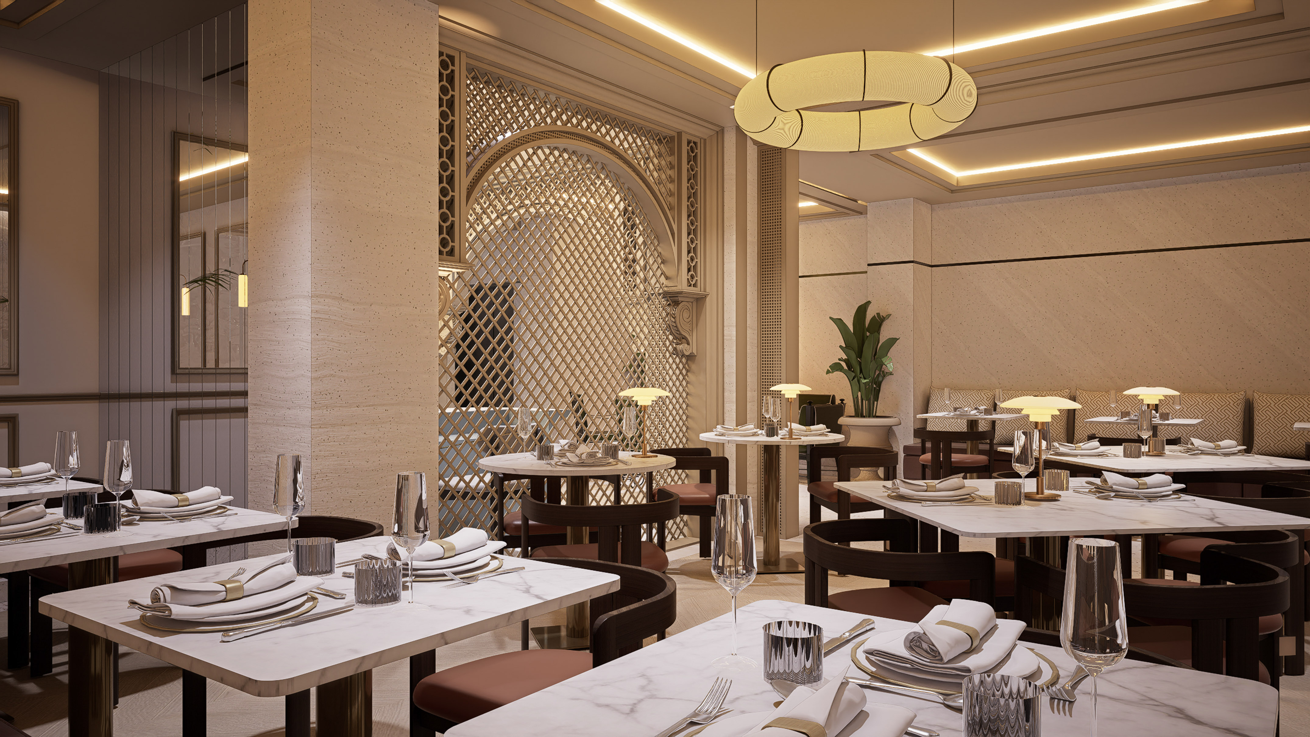 Luxury restaurant dining room with marble tables and ornate lattice screen.