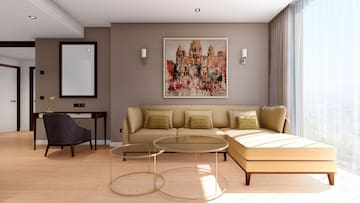 a living room with a couch and a table