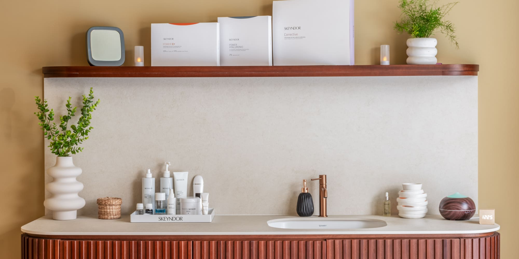a bathroom sink with a plant and a mirror