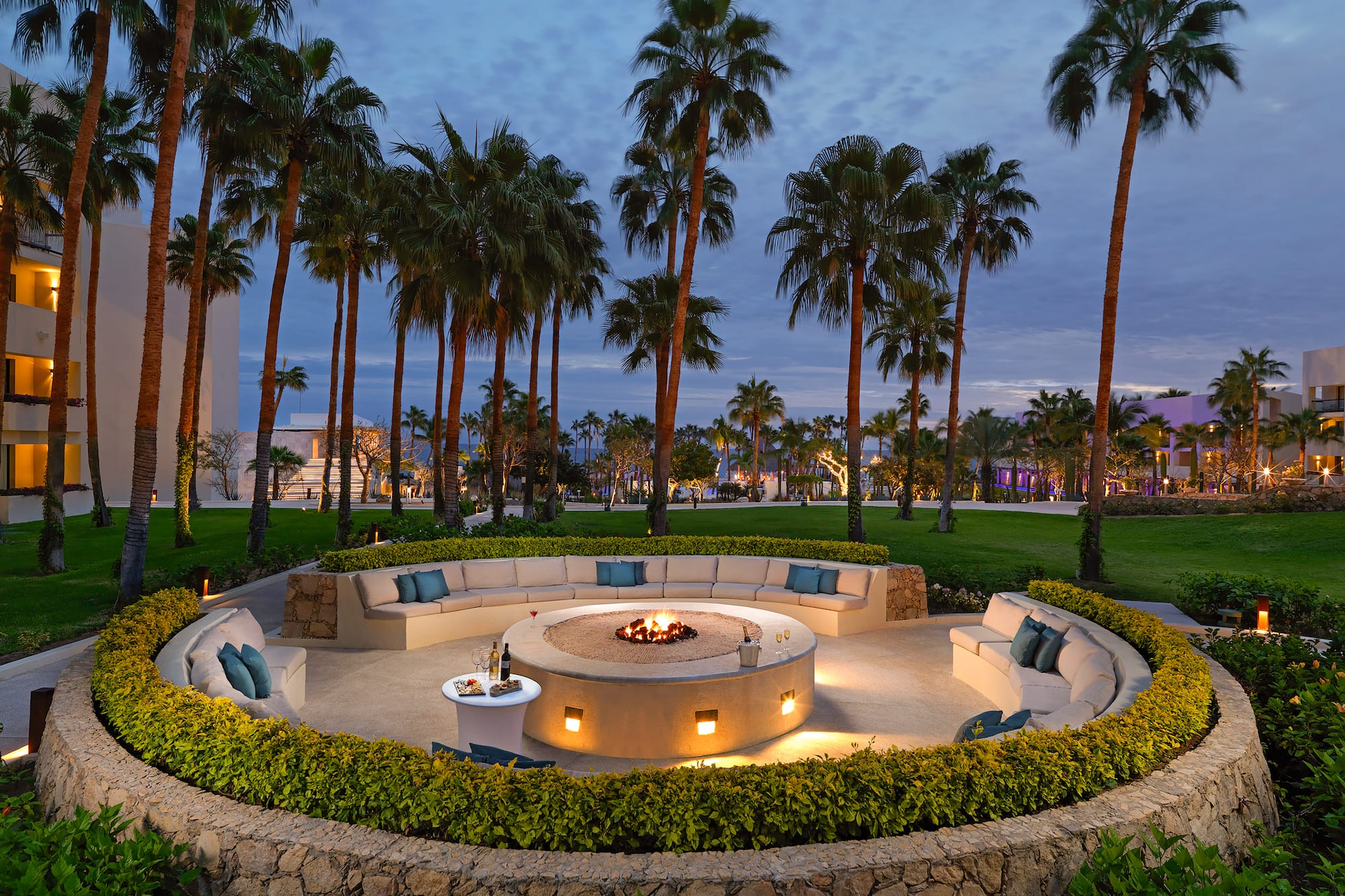 Outdoor resort fire pit lounge with curved seating, palm trees, and evening. - Paradisus Los Cabos - Adults Only, Los Cabos