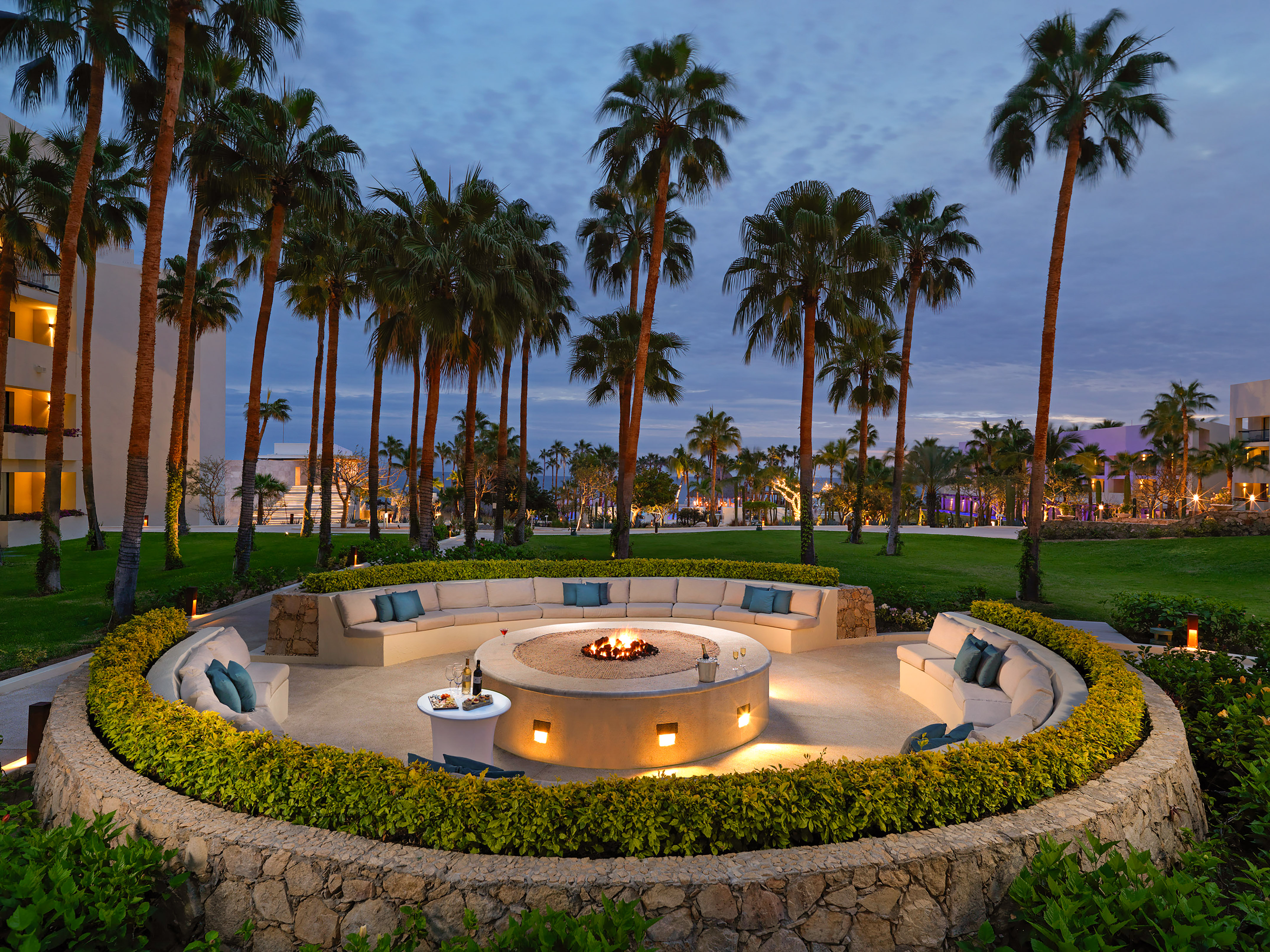 Outdoor resort fire pit lounge with curved seating, palm trees, and evening. - Paradisus Los Cabos - Adults Only, Los Cabos