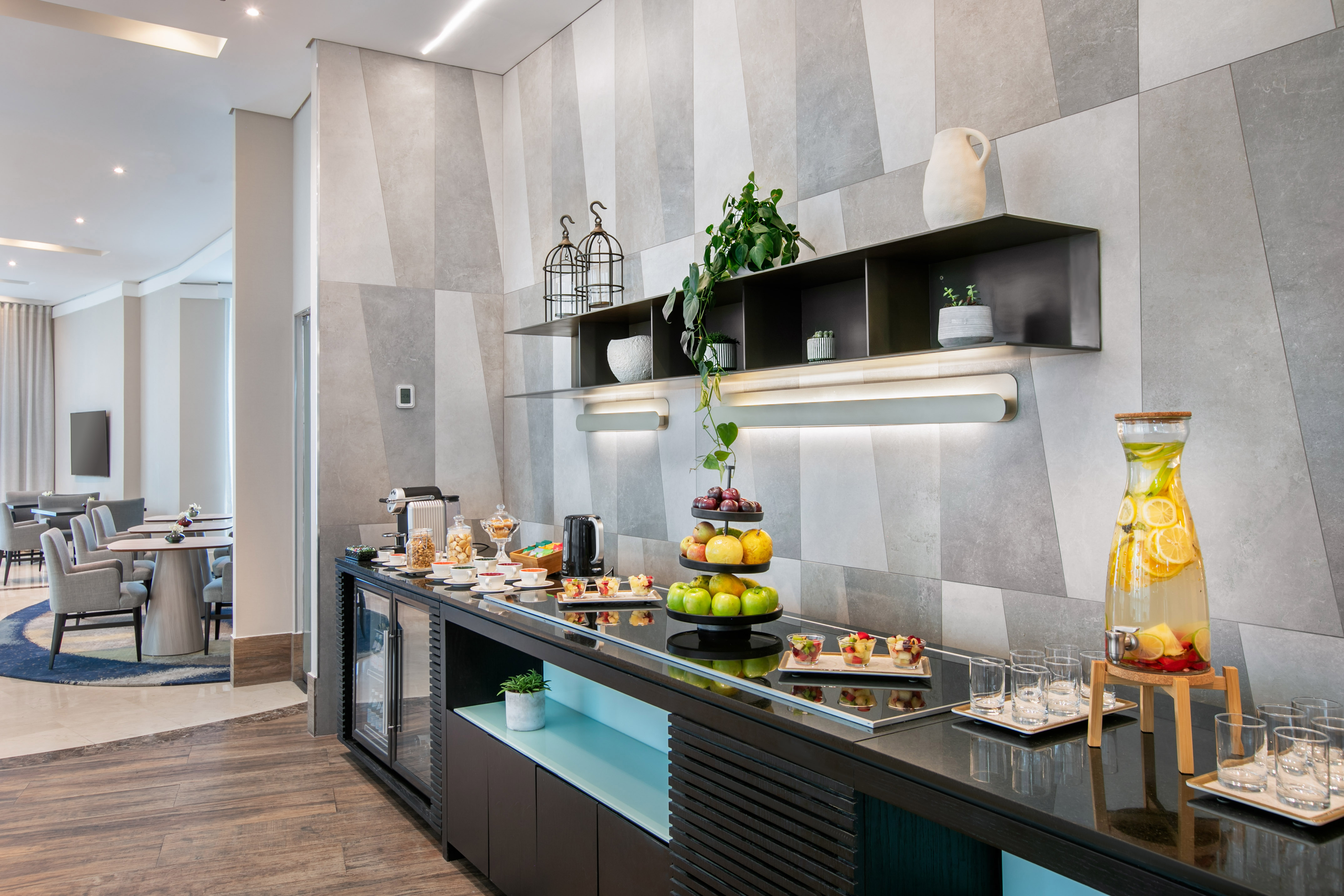 a table with plates of food and coffee