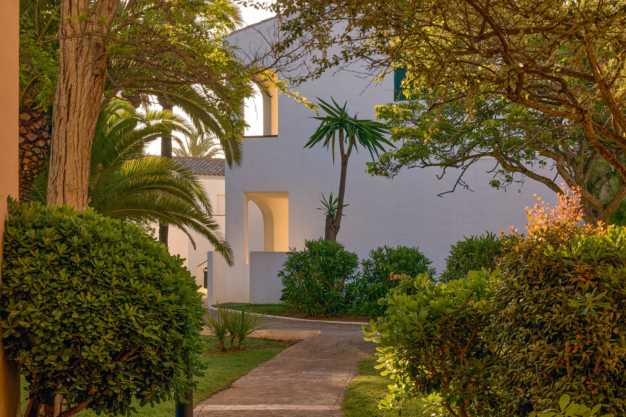Resort garden path with lush greenery, palm trees, and a white building in sunlight.