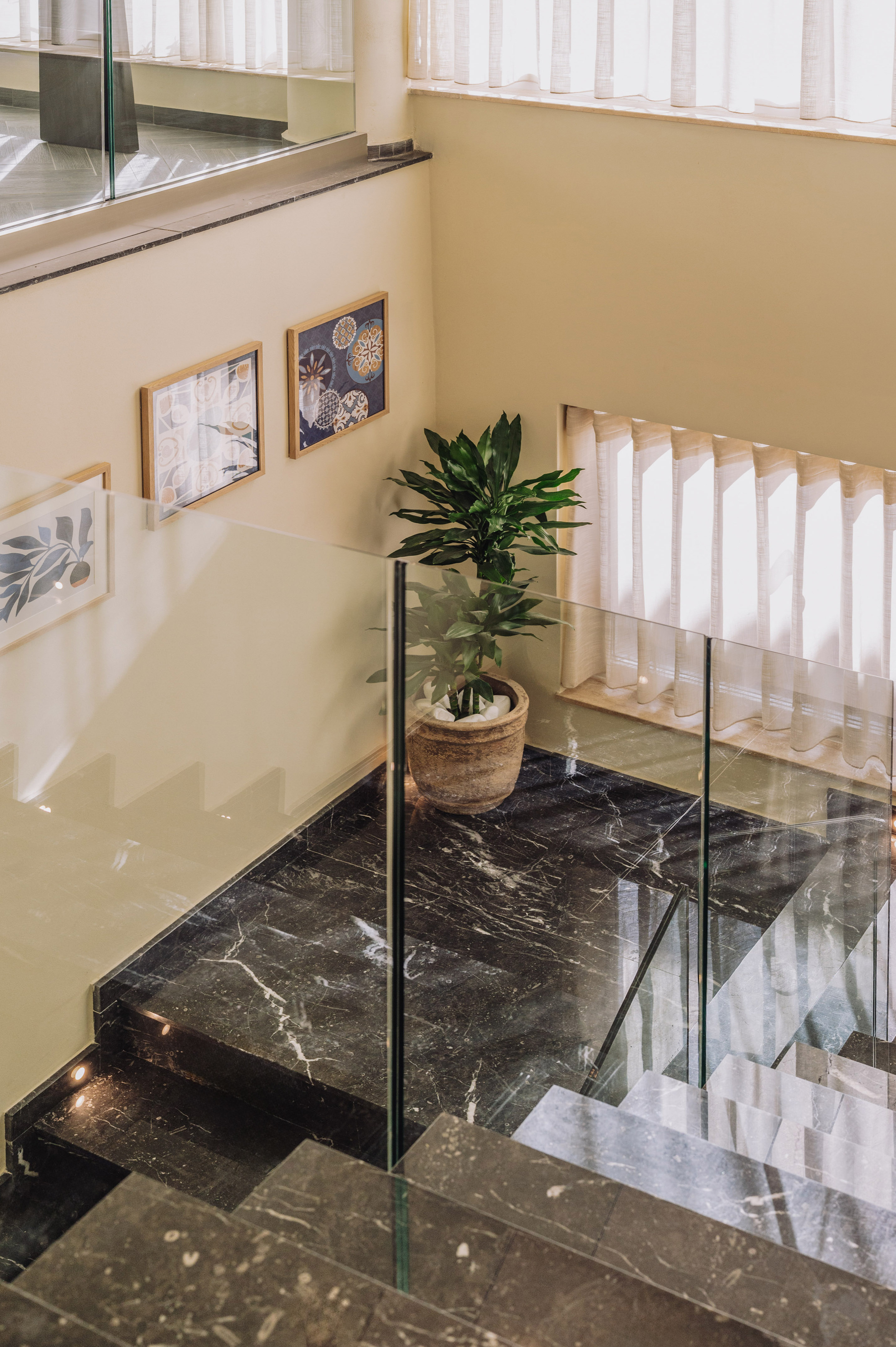 Black marble staircase with glass railing, large plant, and framed art.