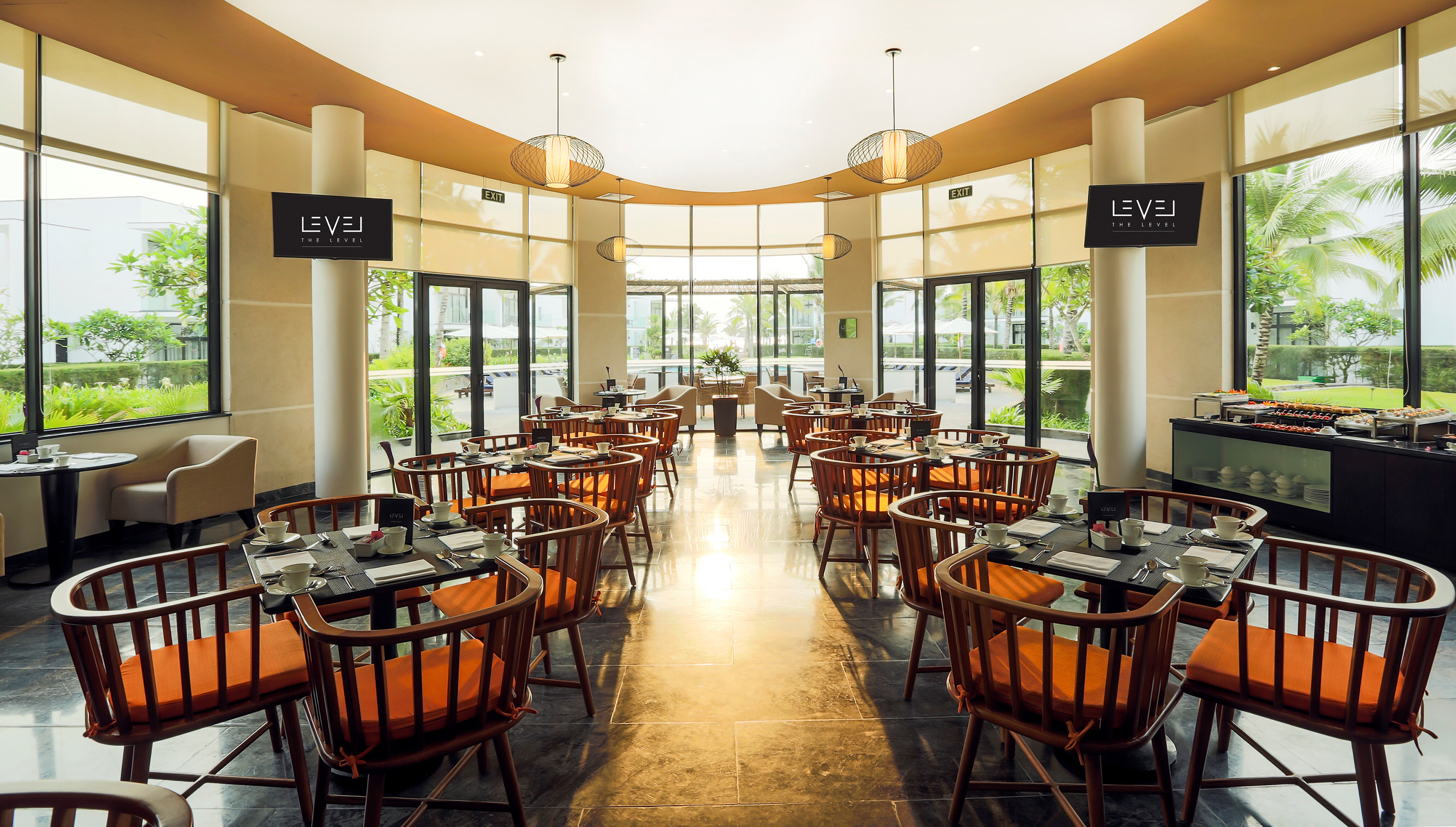 a restaurant with tables and chairs