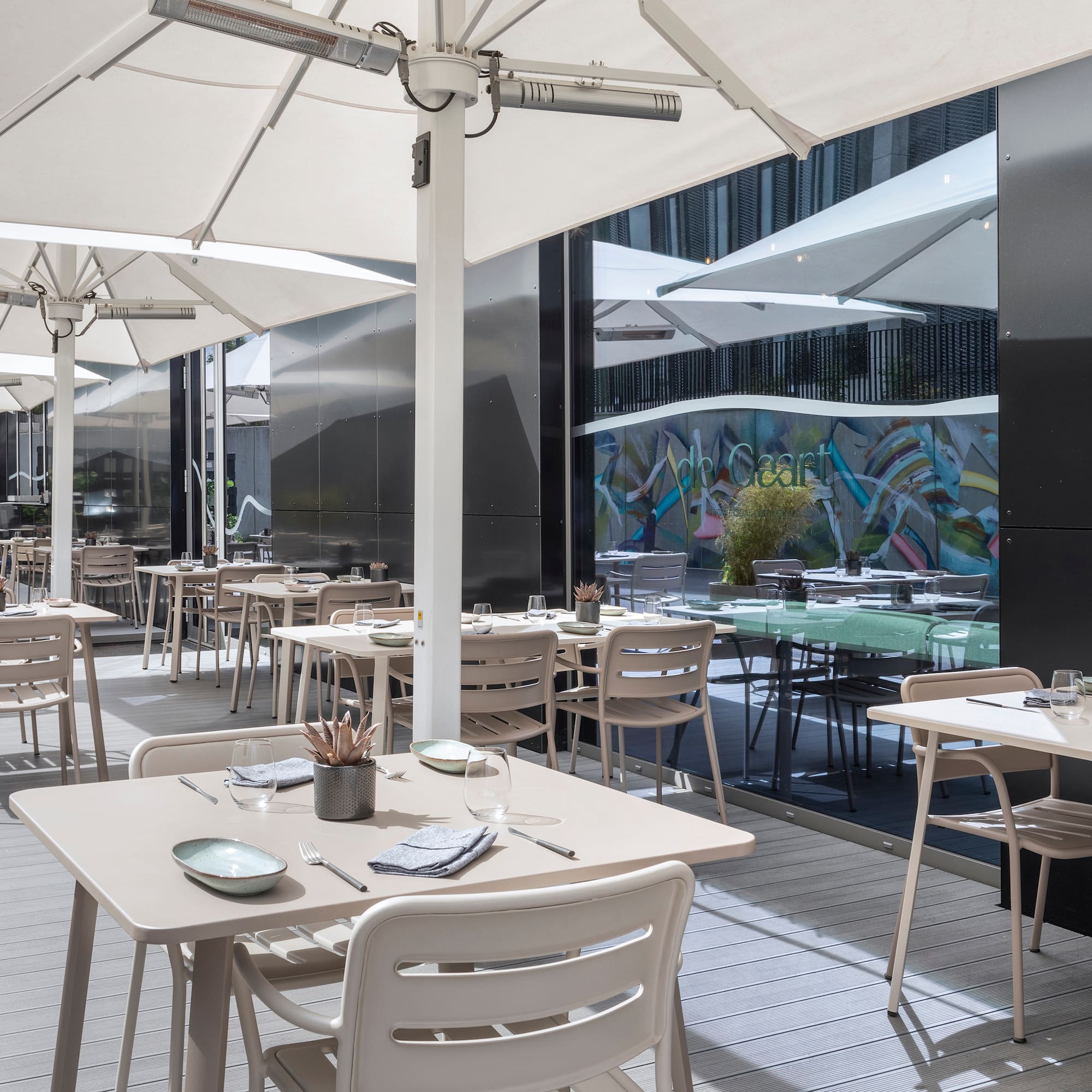a tables and chairs outside of a restaurant