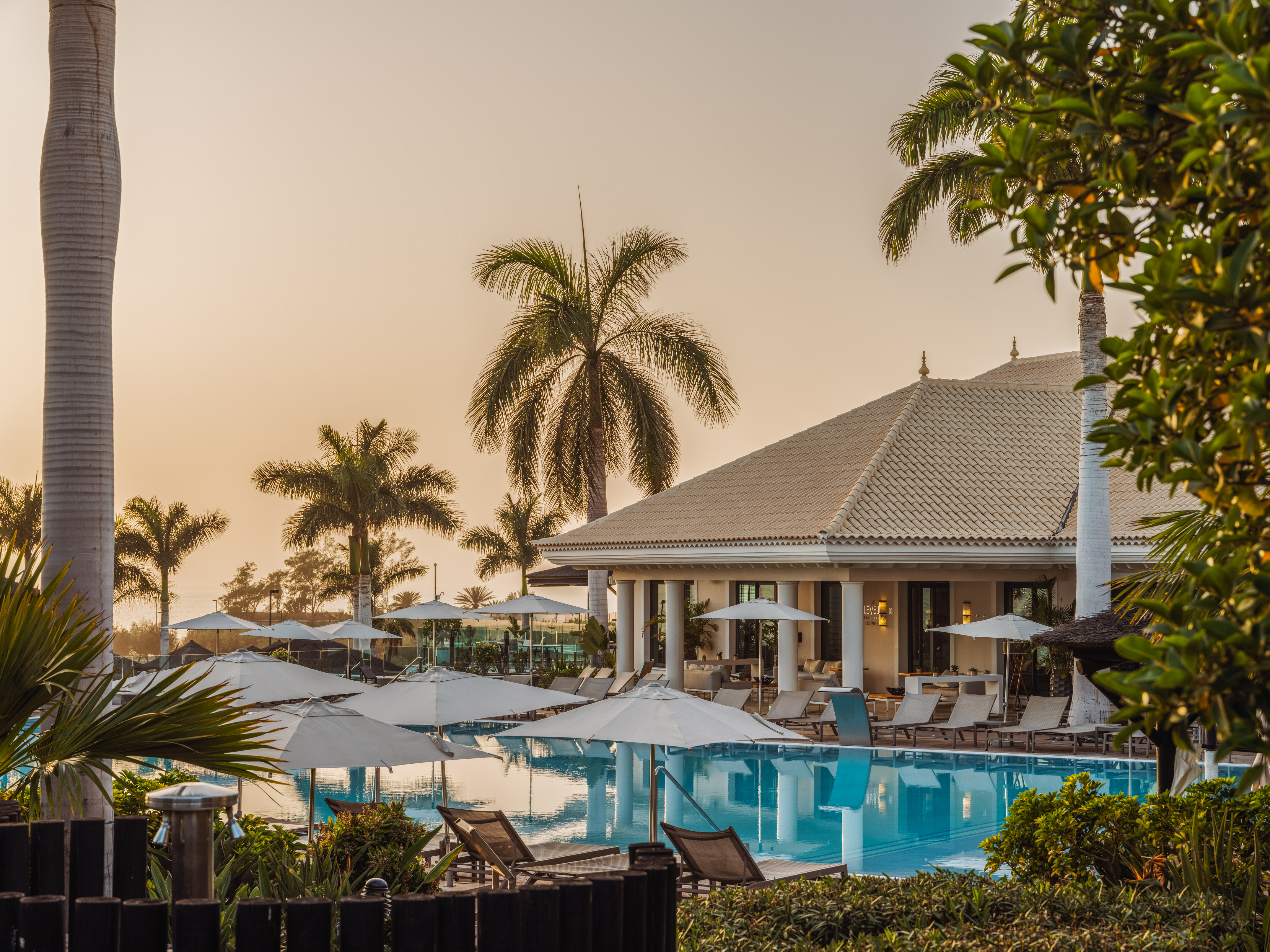 Luxury resort pool with white umbrellas, lounge chairs, and palm trees at sunset.