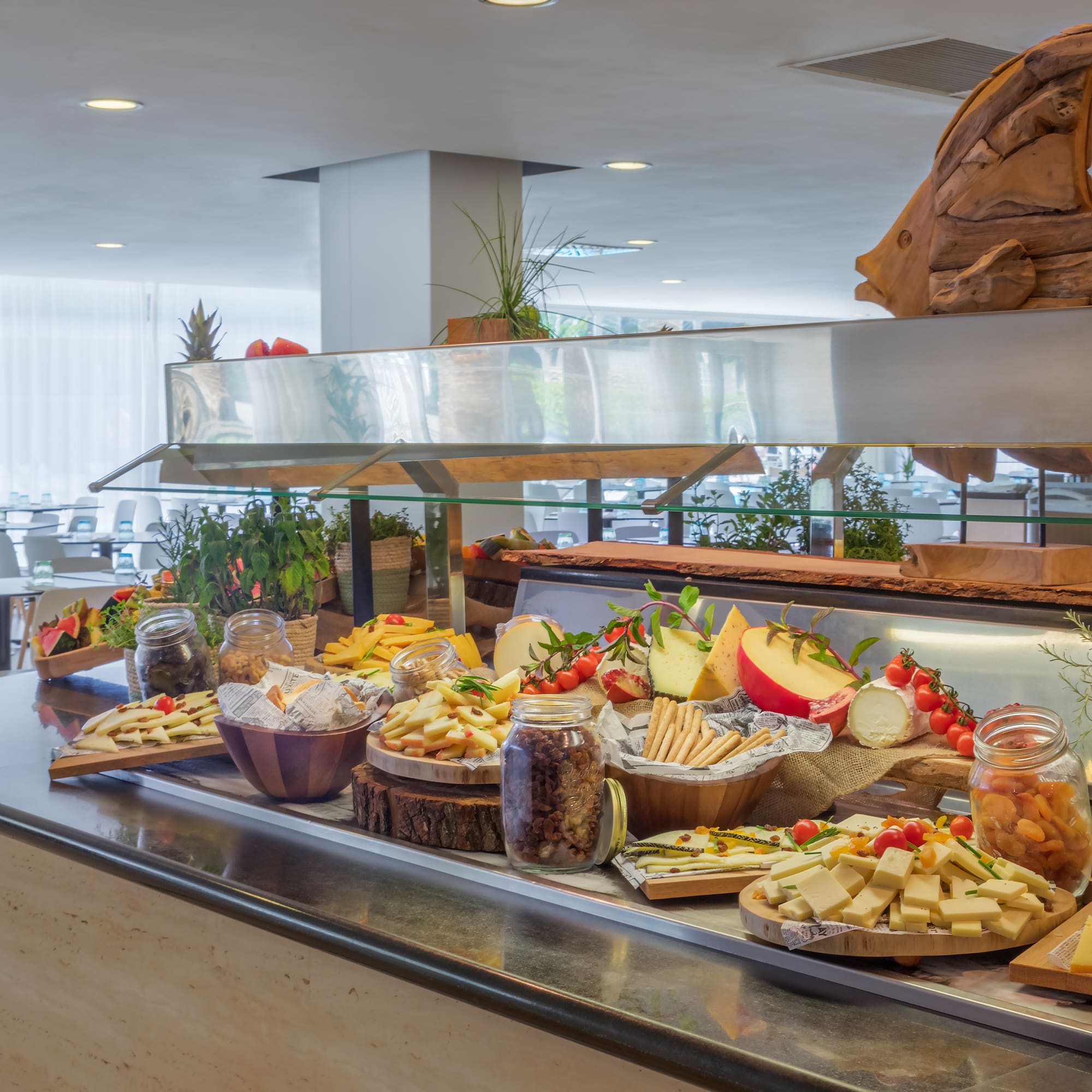a buffet with food on it