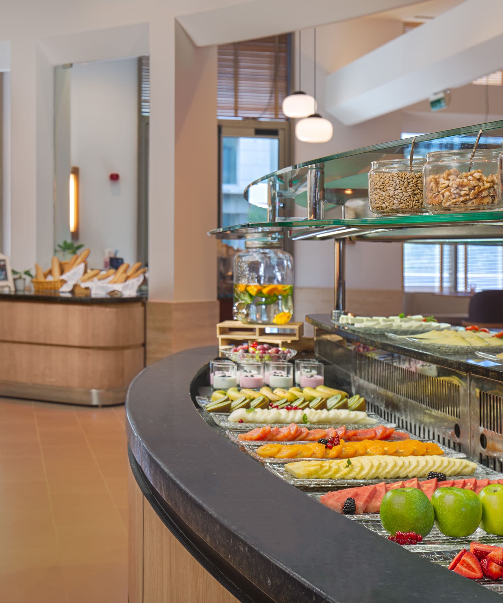 a buffet with different foods on it