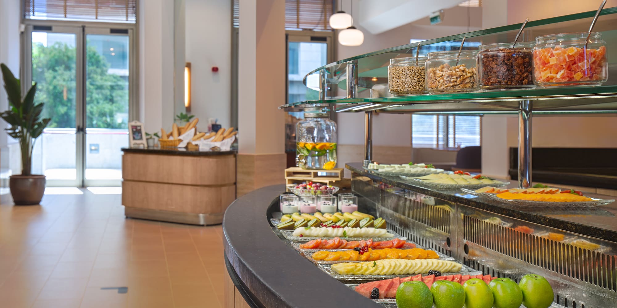 a buffet with different foods on it