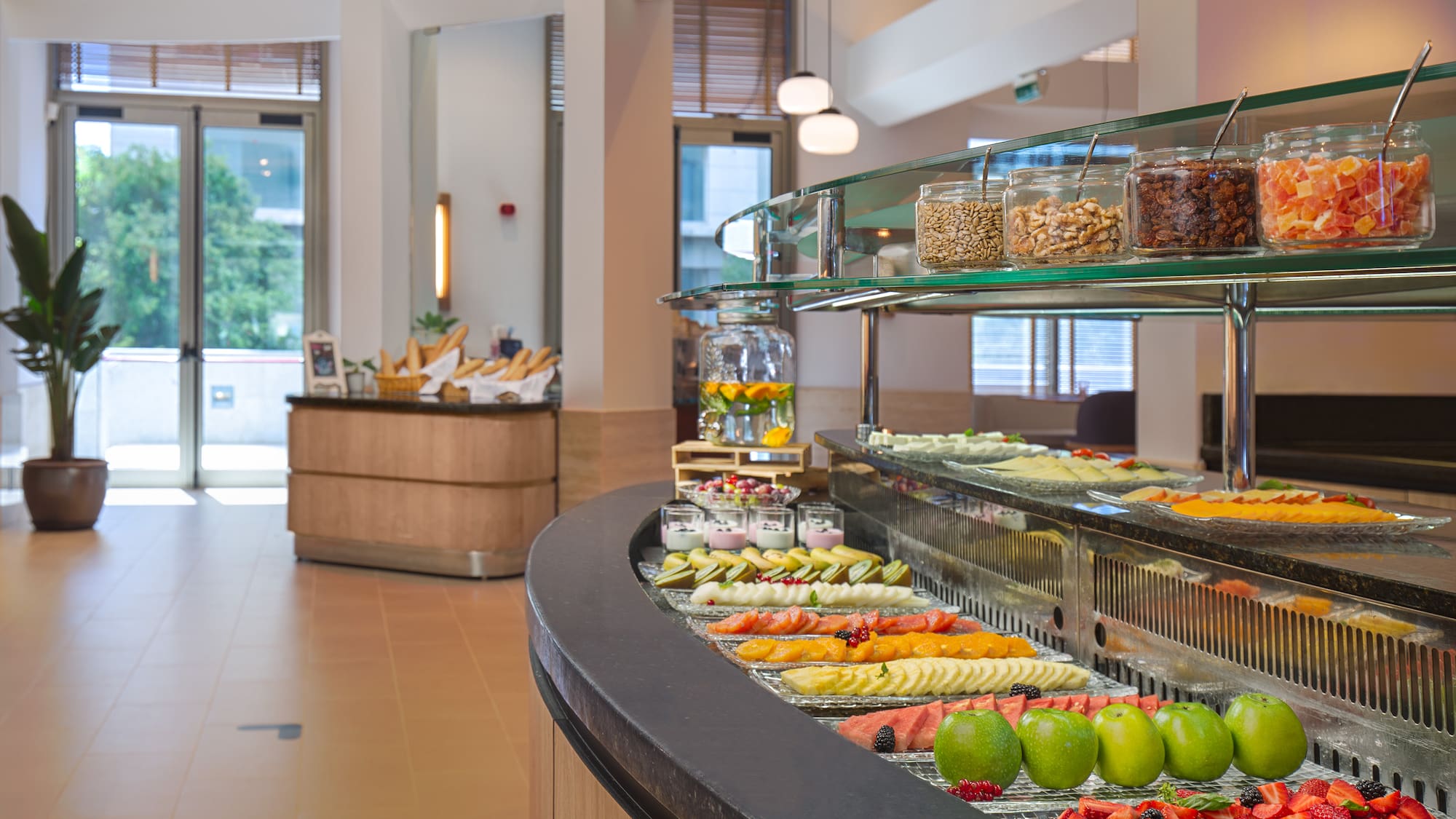 a buffet with different foods on it