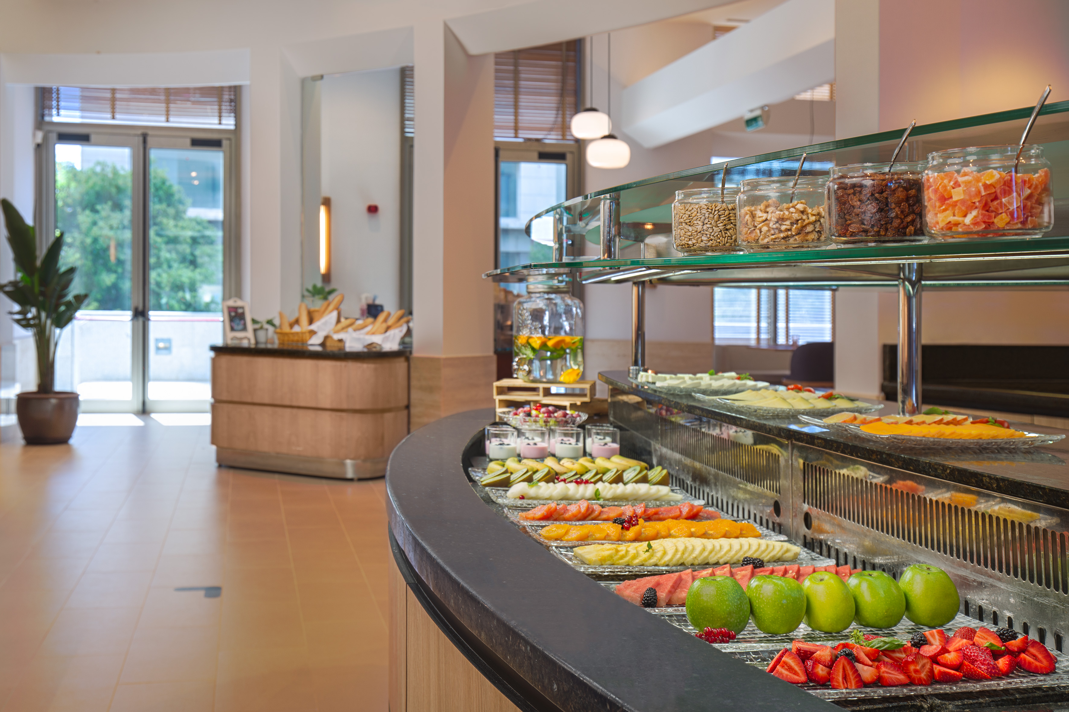 a buffet with different foods on it