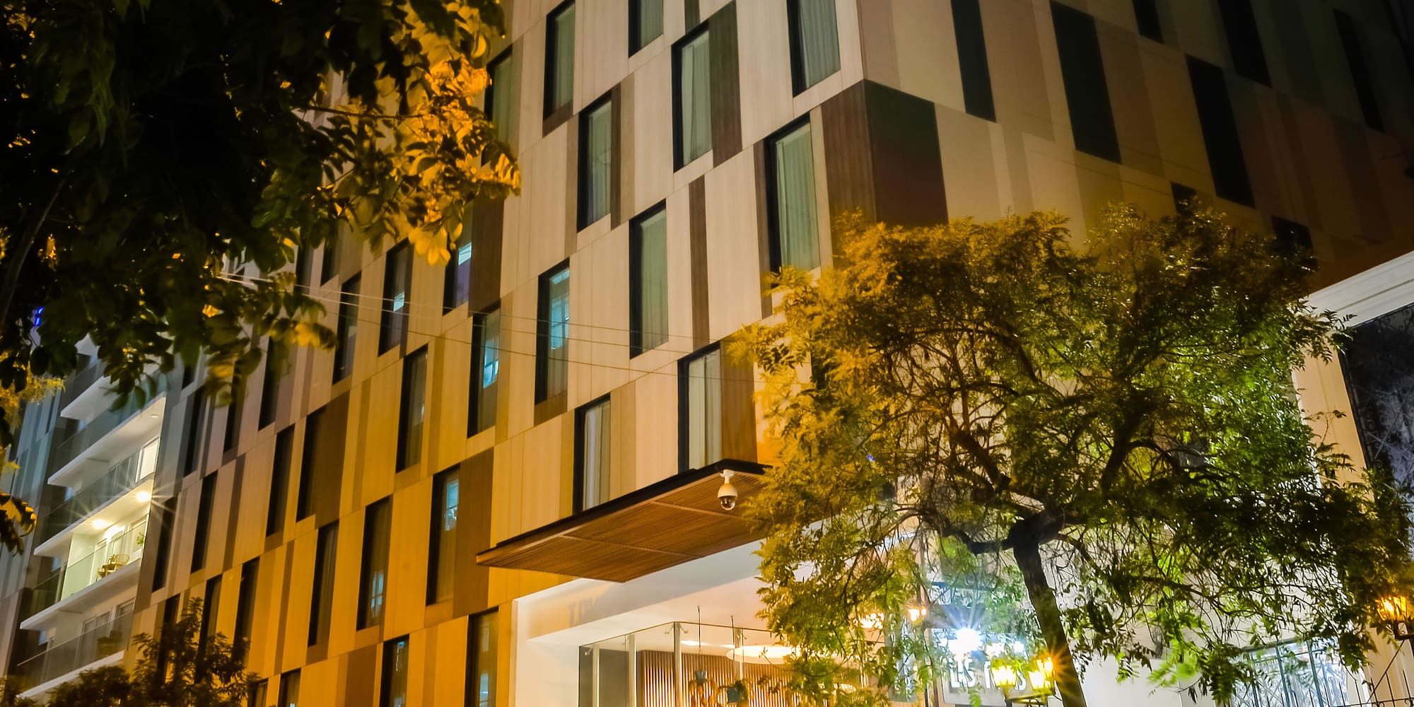 a building with trees and a street at night