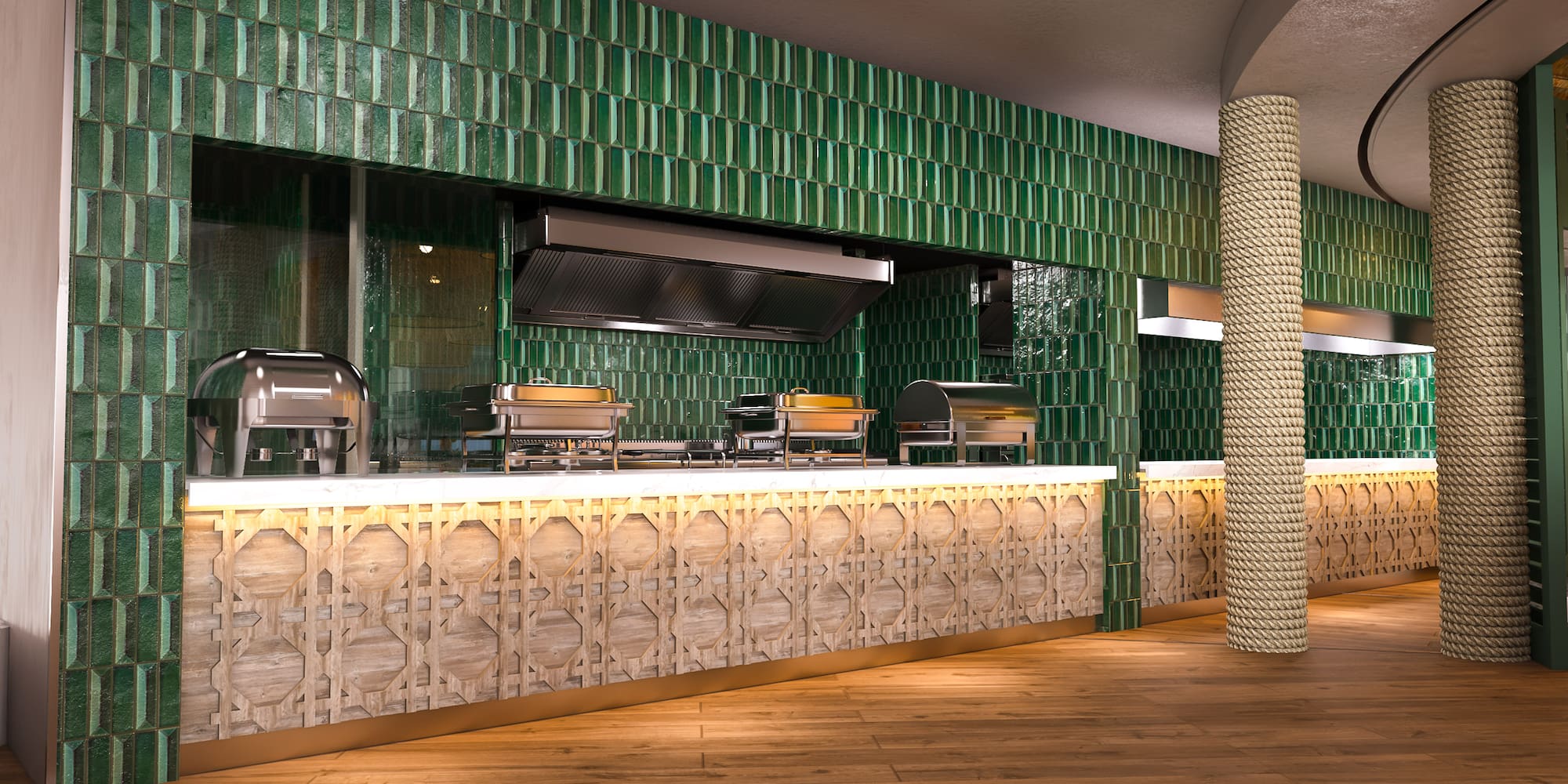 a green tiled counter with grills