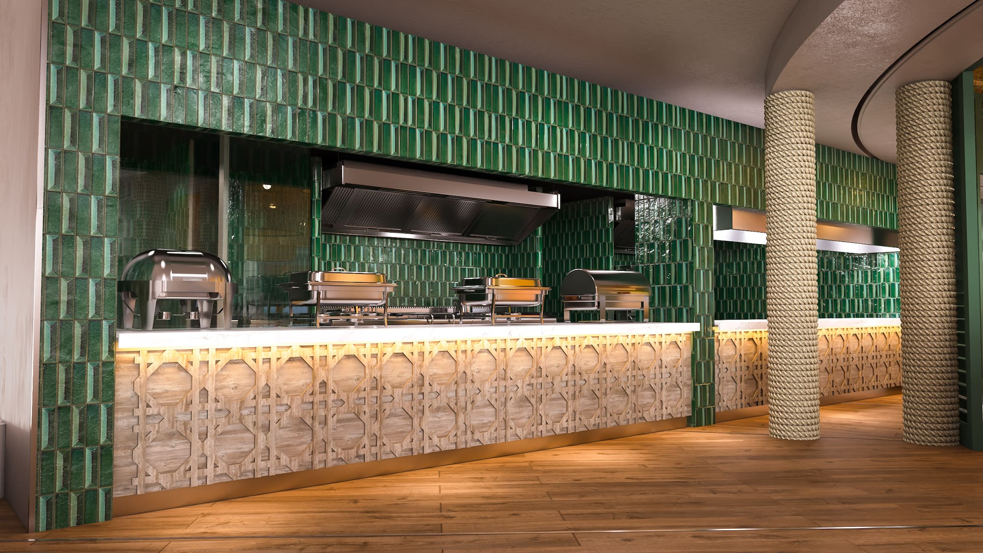a green tiled counter with grills