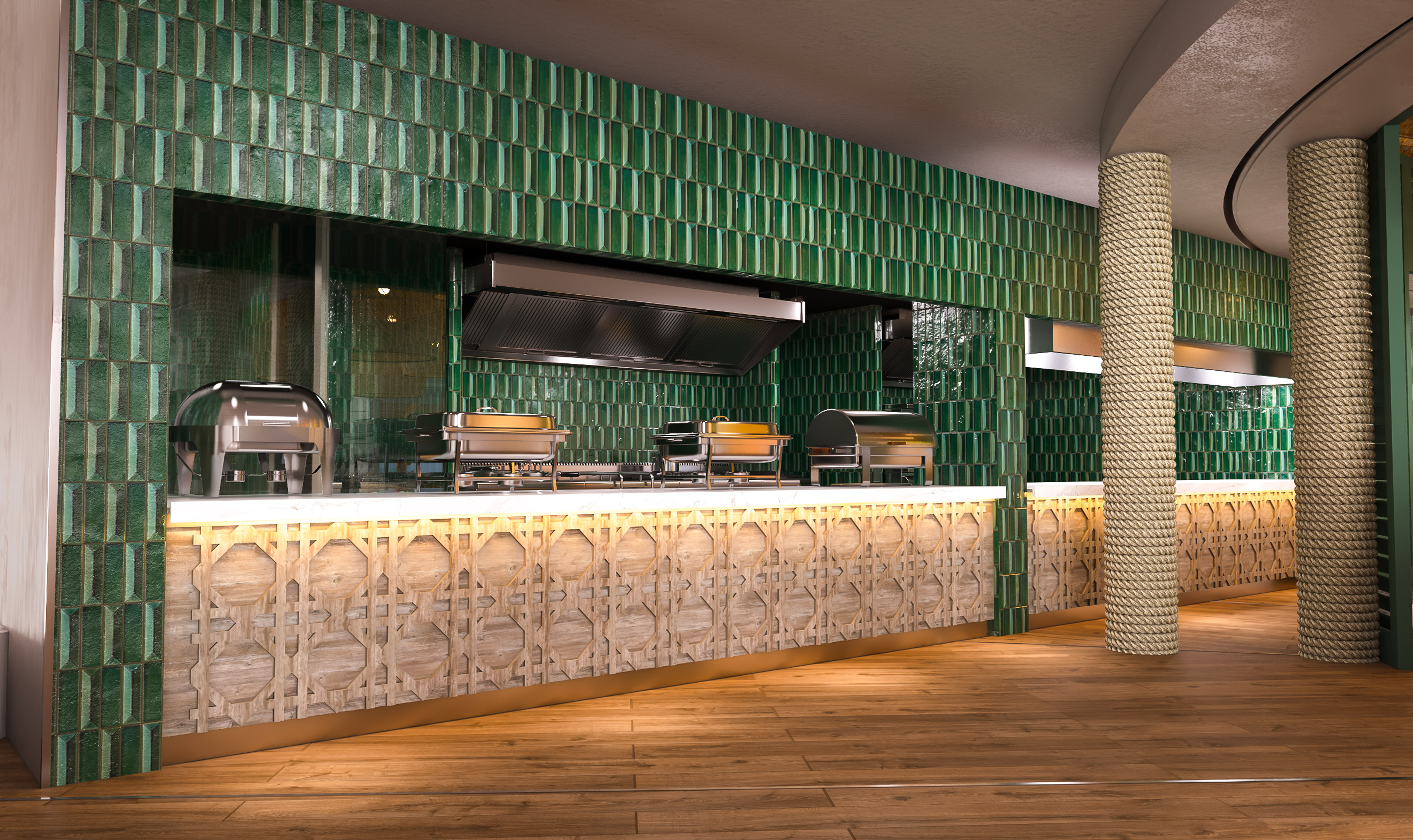 a green tiled counter with grills