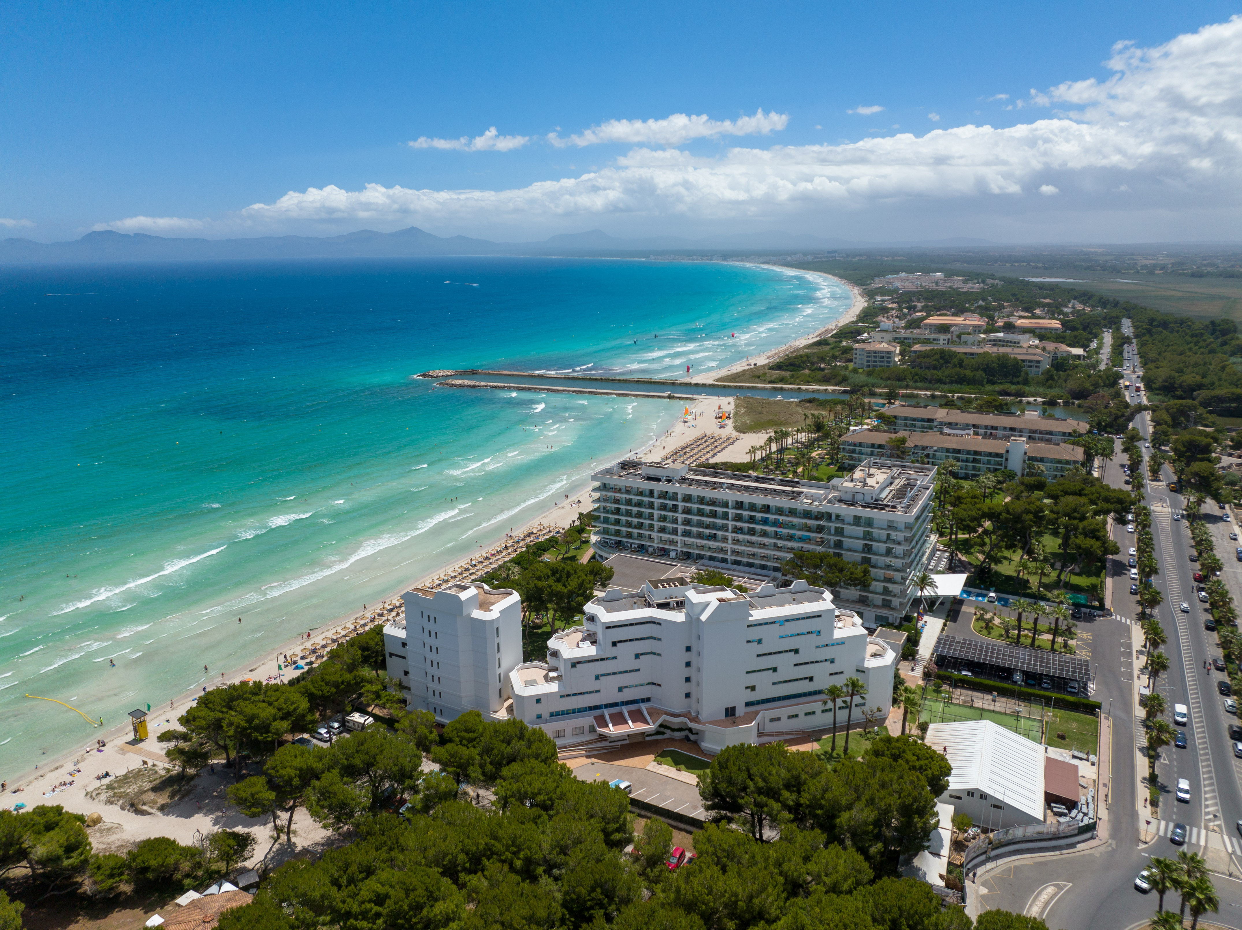 a beach with buildings and trees