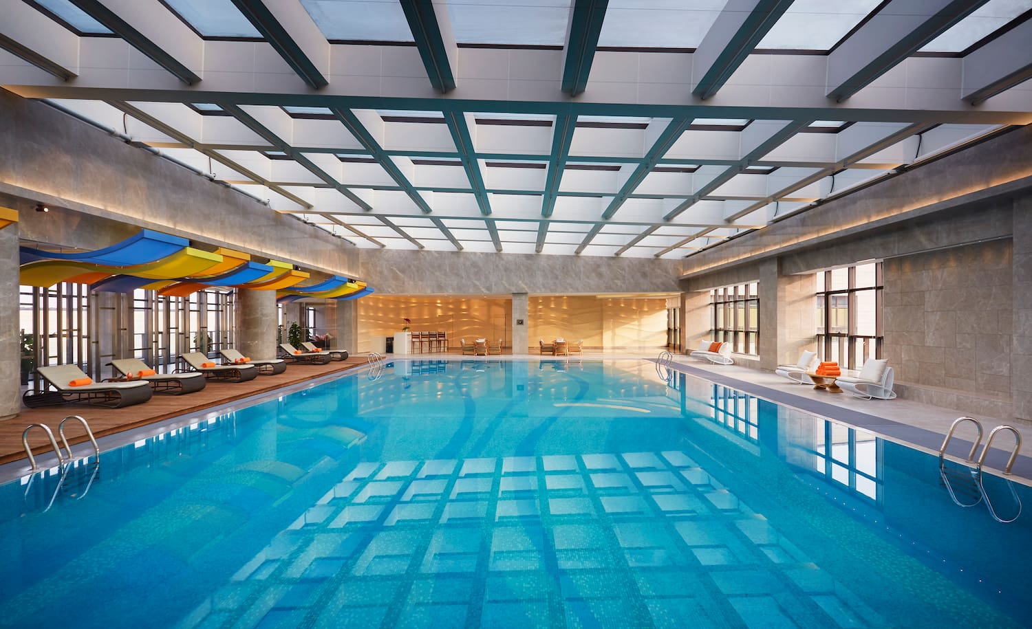 a swimming pool inside a building