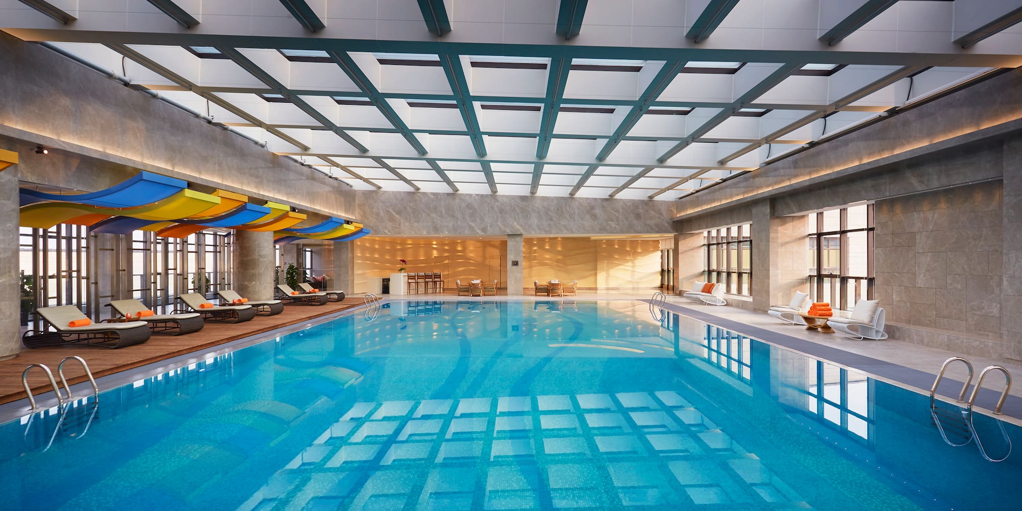 a swimming pool inside a building