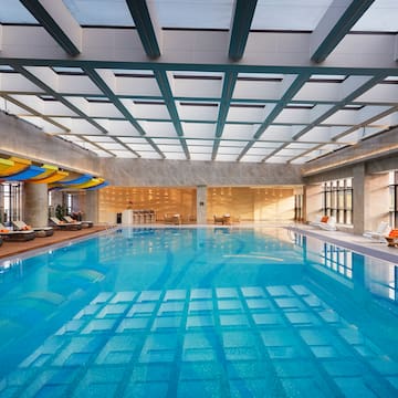 a swimming pool inside a building