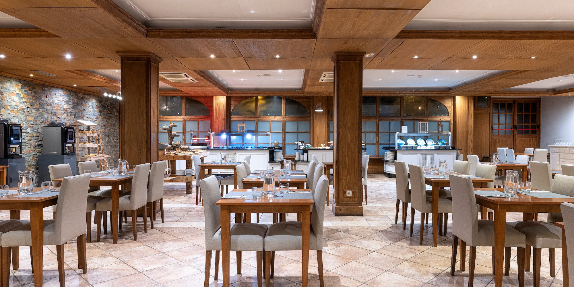 a room with tables and chairs