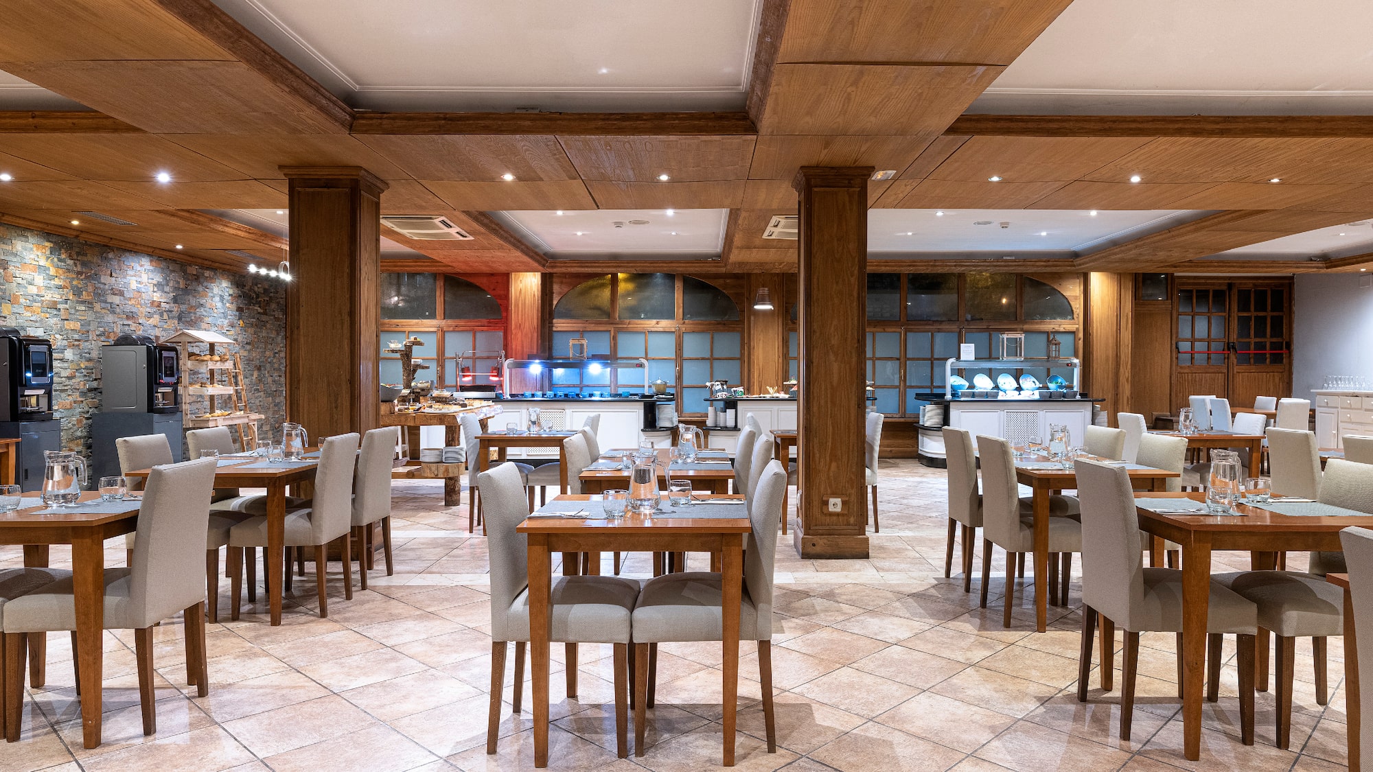 a room with tables and chairs