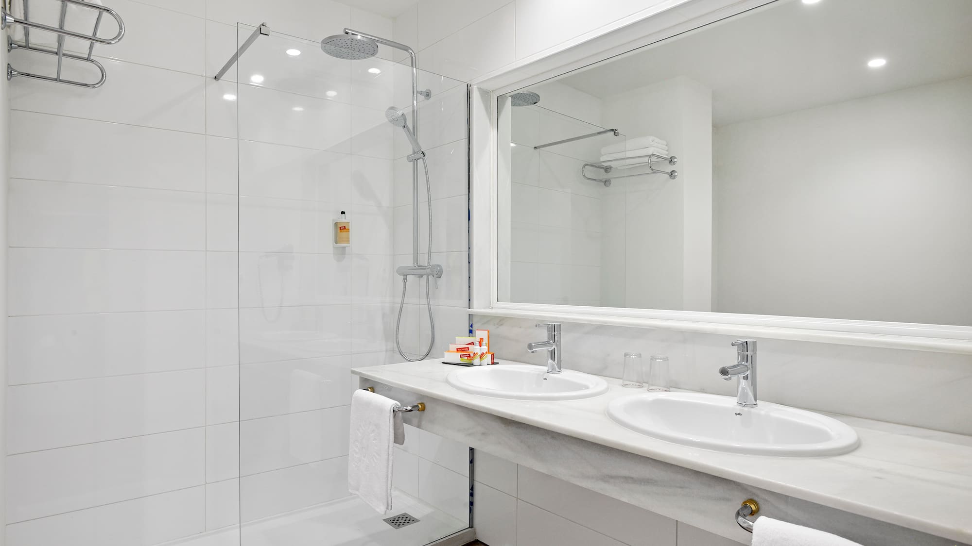 a bathroom with a shower and two sinks