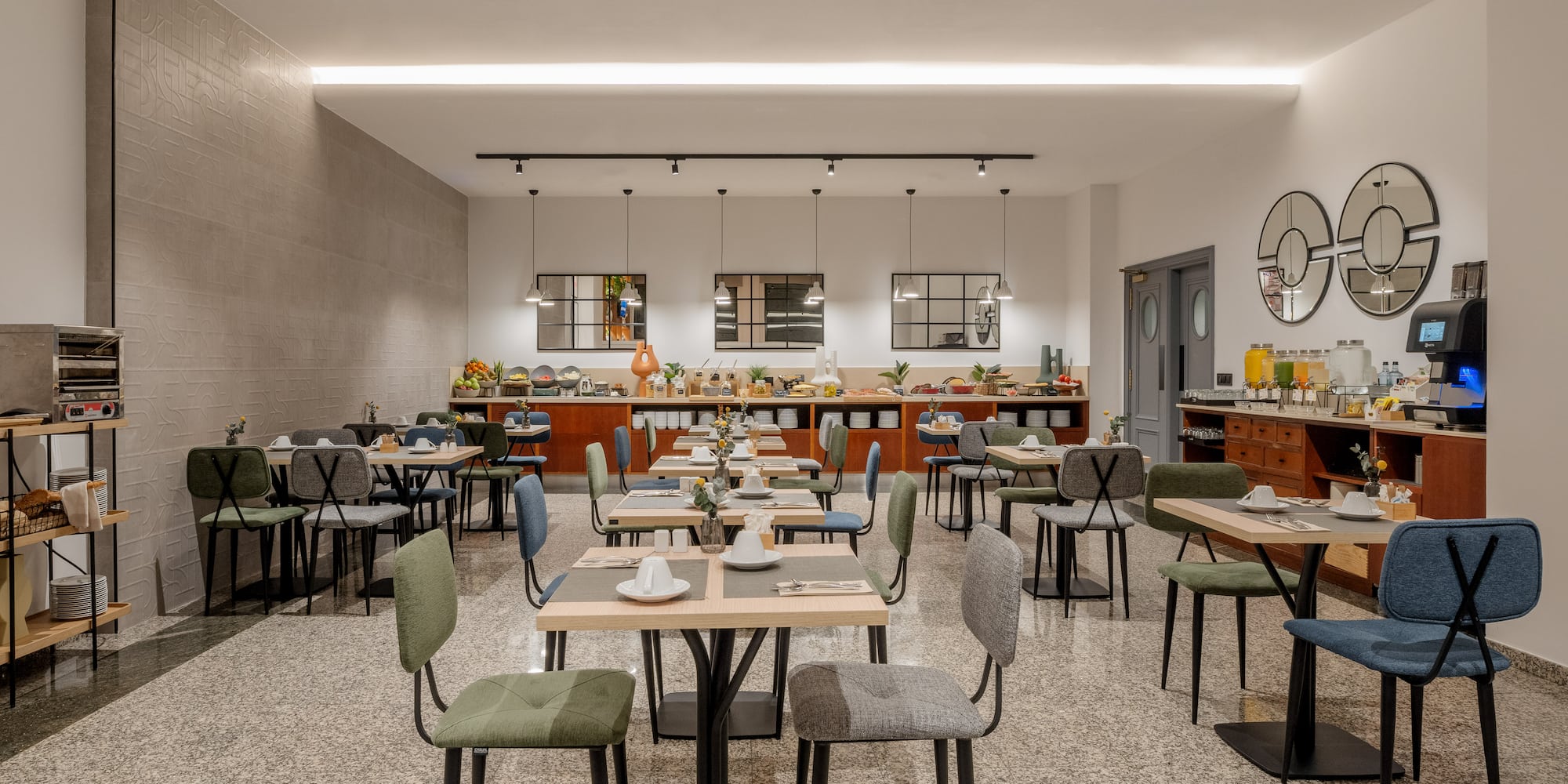 a room with tables and chairs