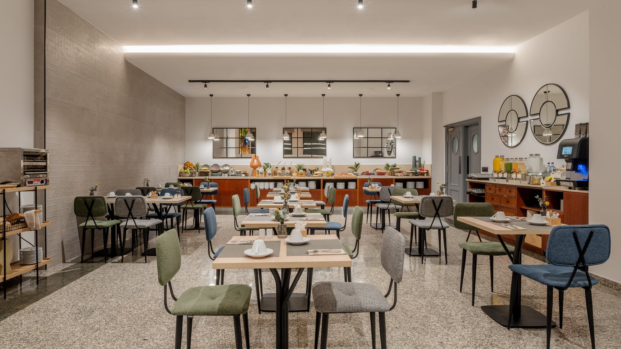 a room with tables and chairs