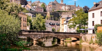 a bridge over a river with buildings in the background