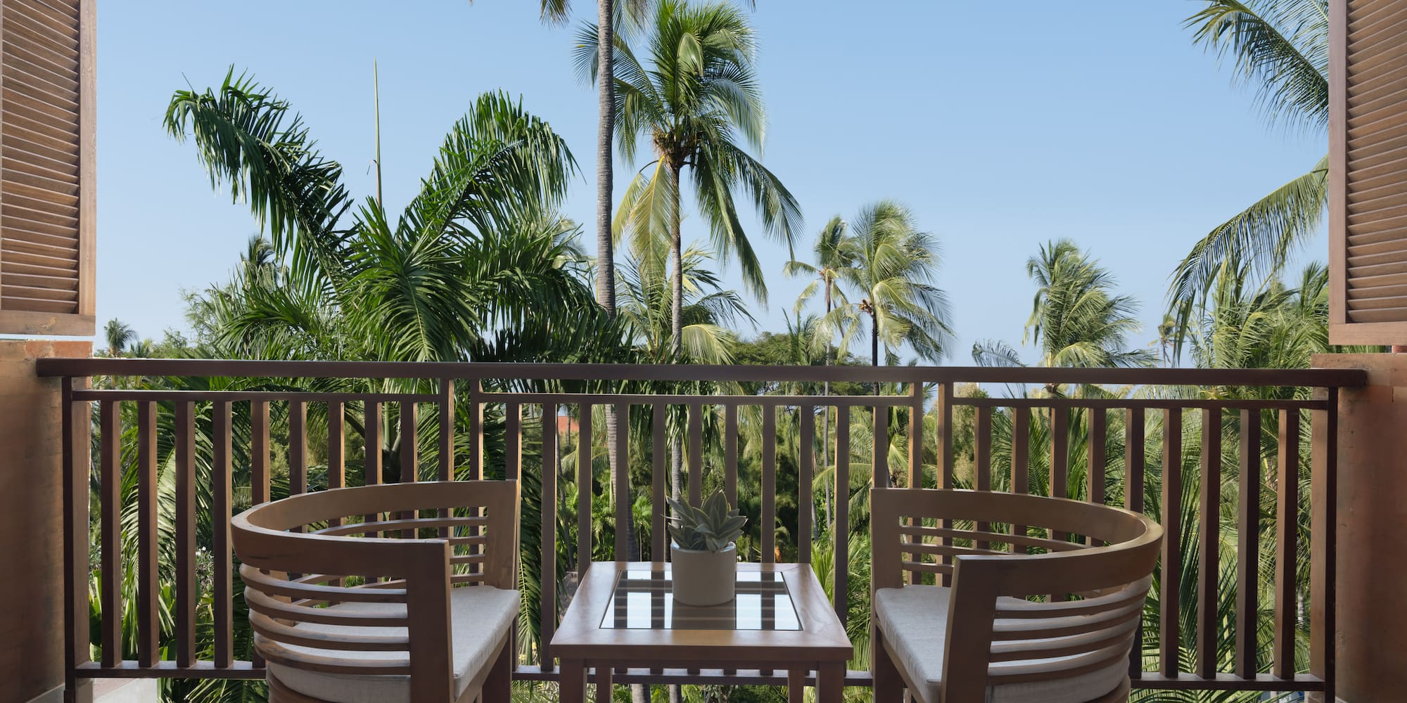 chairs on a balcony overlooking palm trees