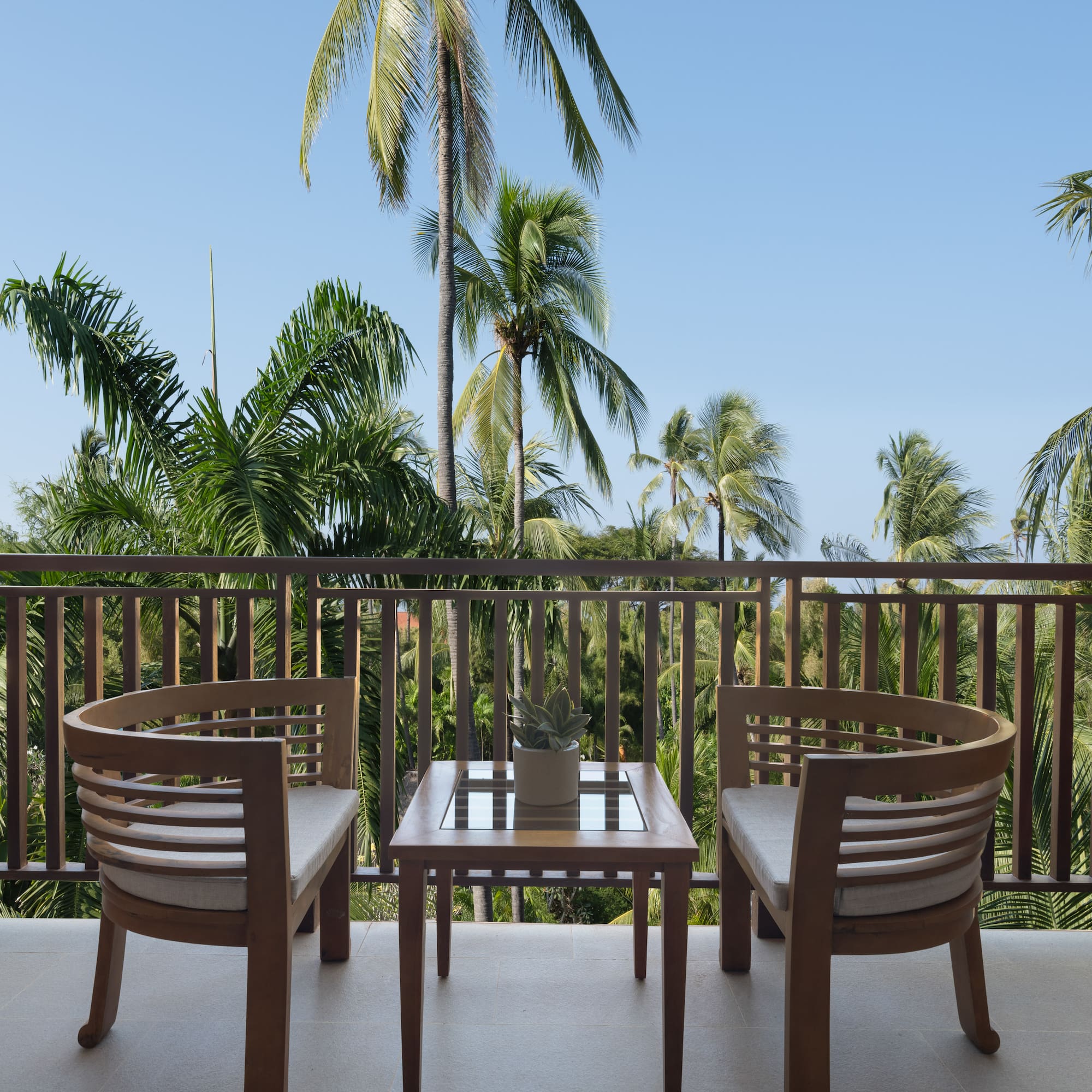 chairs on a balcony overlooking palm trees