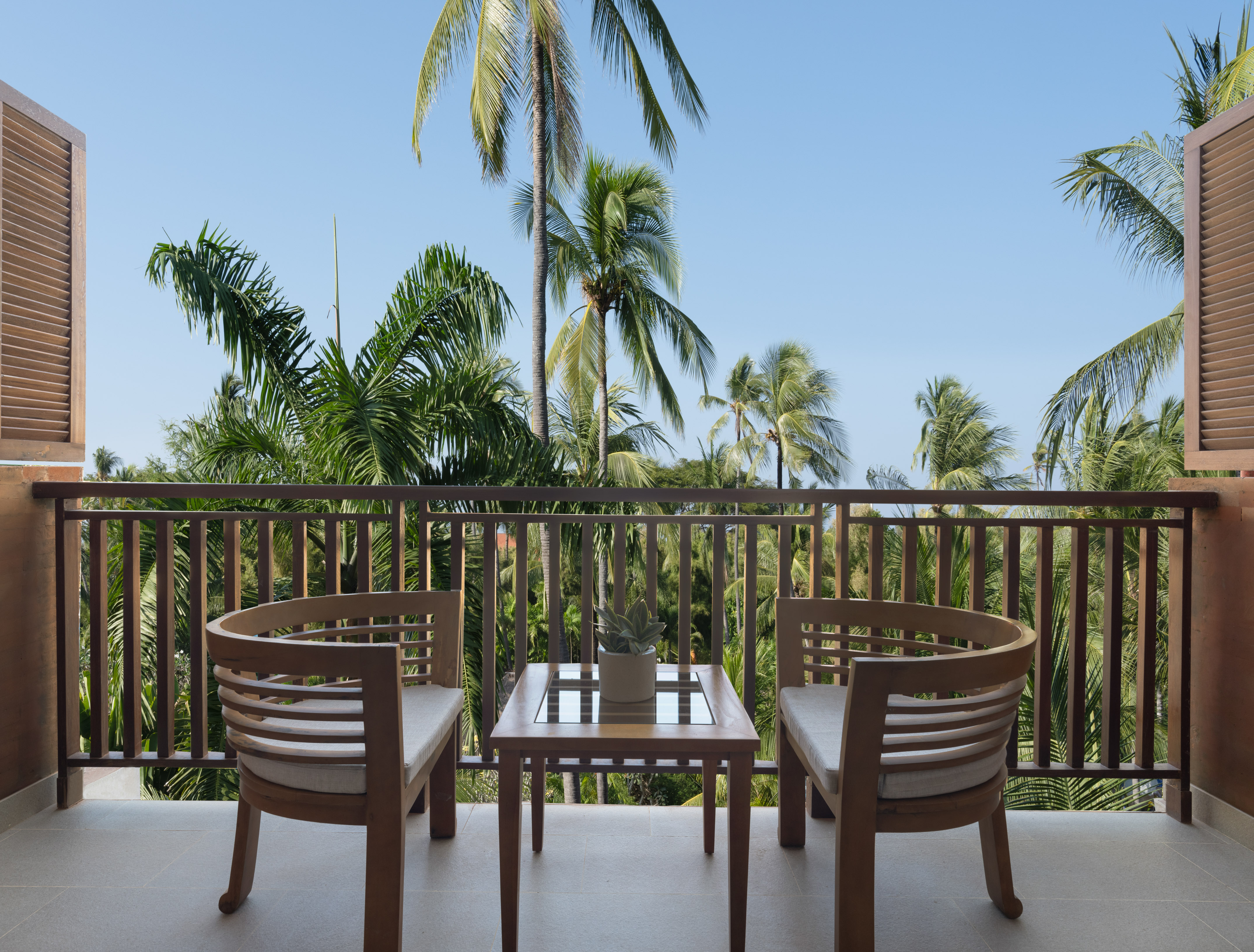 chairs on a balcony overlooking palm trees