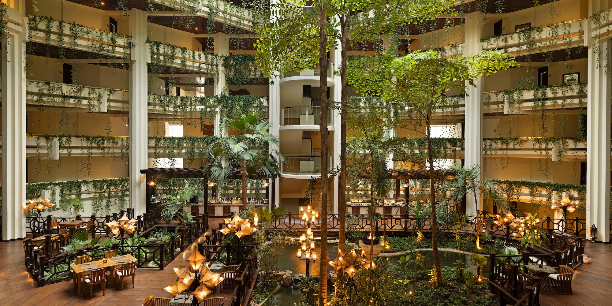 a courtyard with trees and plants