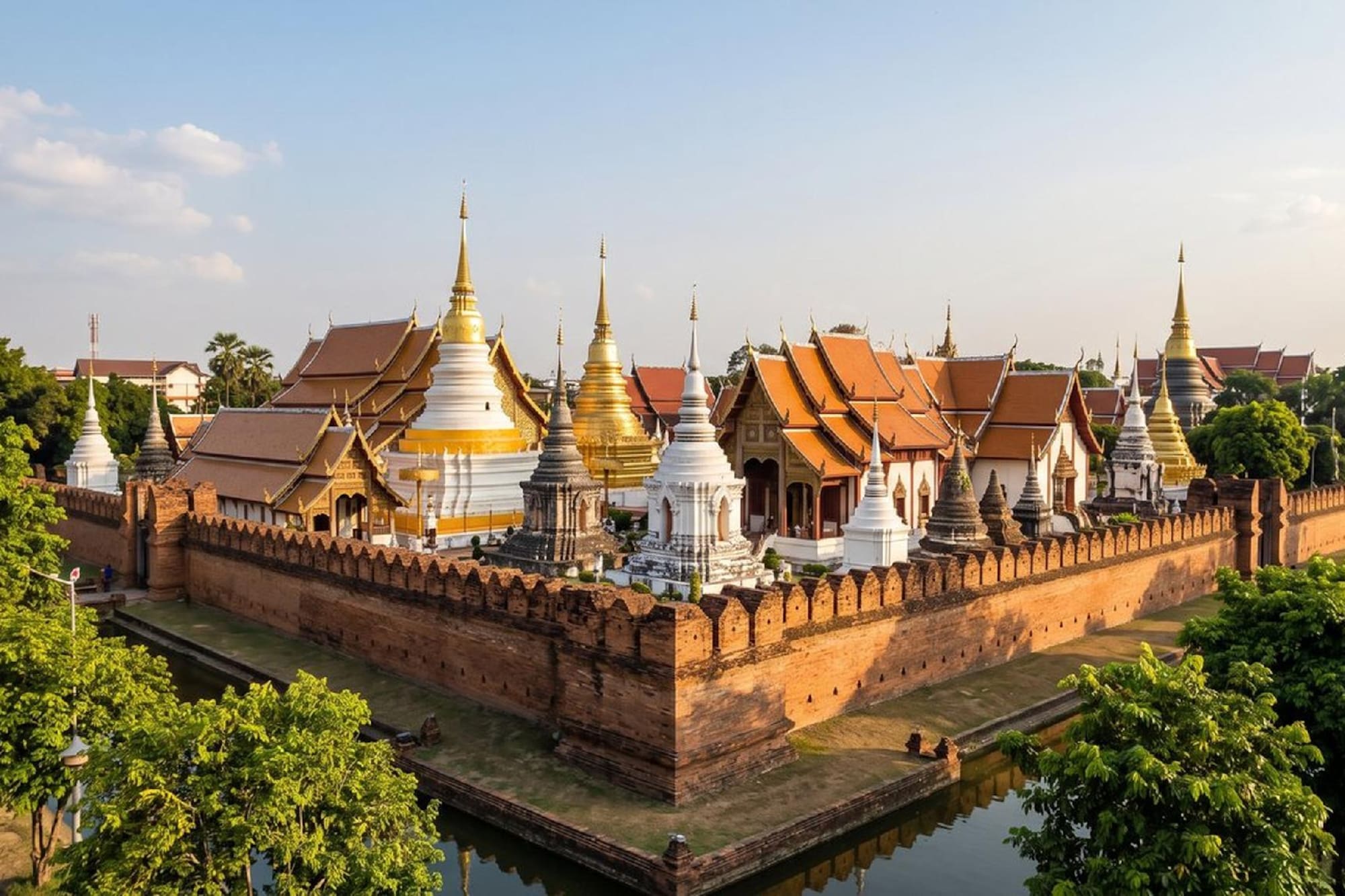Thai temple complex, golden stupas, ancient brick wall, and moat.