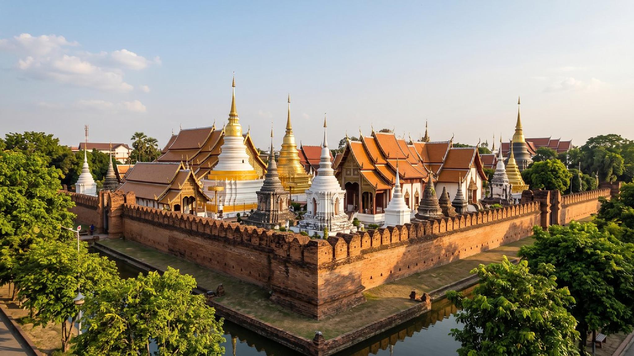 Thai temple complex, golden stupas, ancient brick wall, and moat.