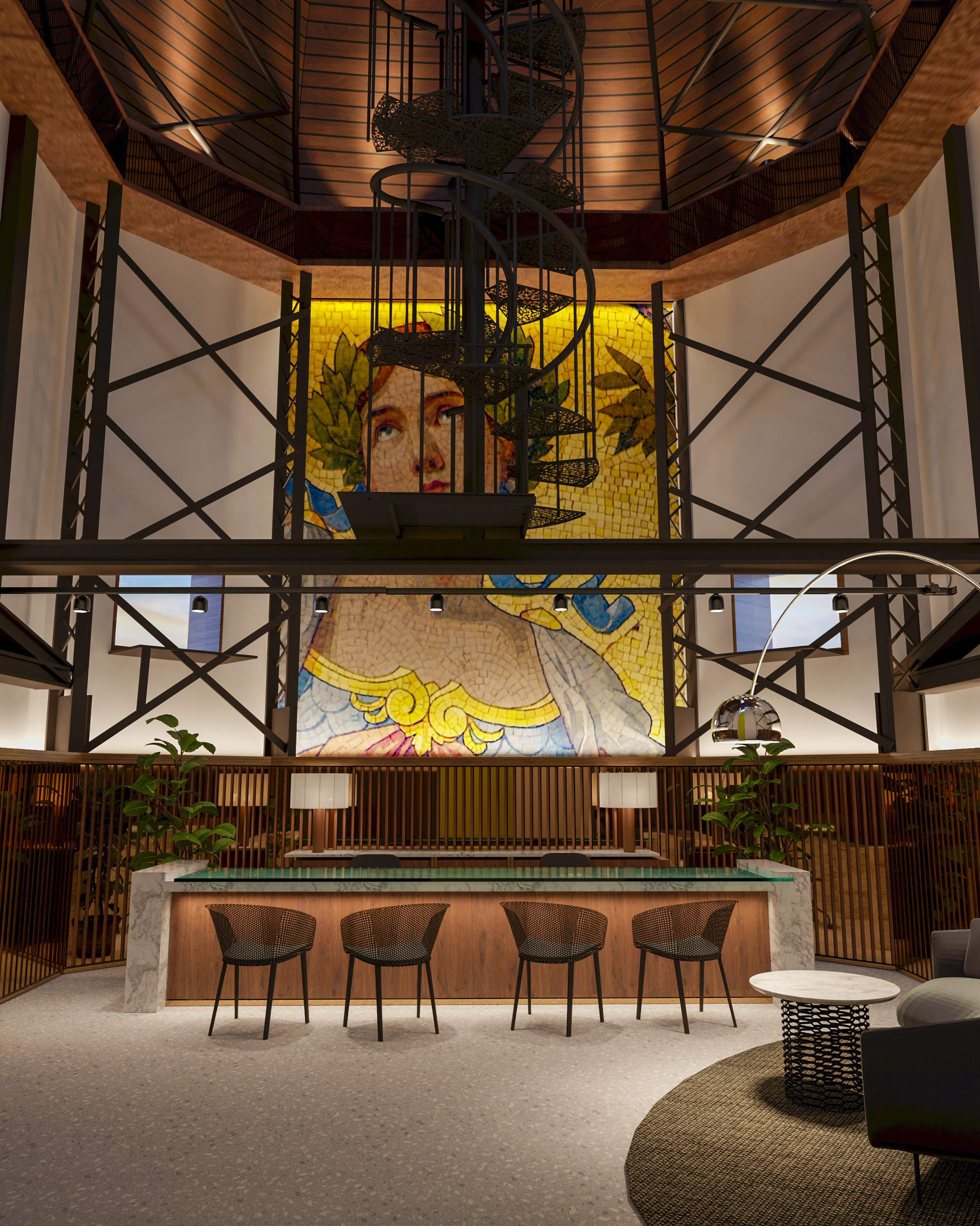 a room with a bar and chairs