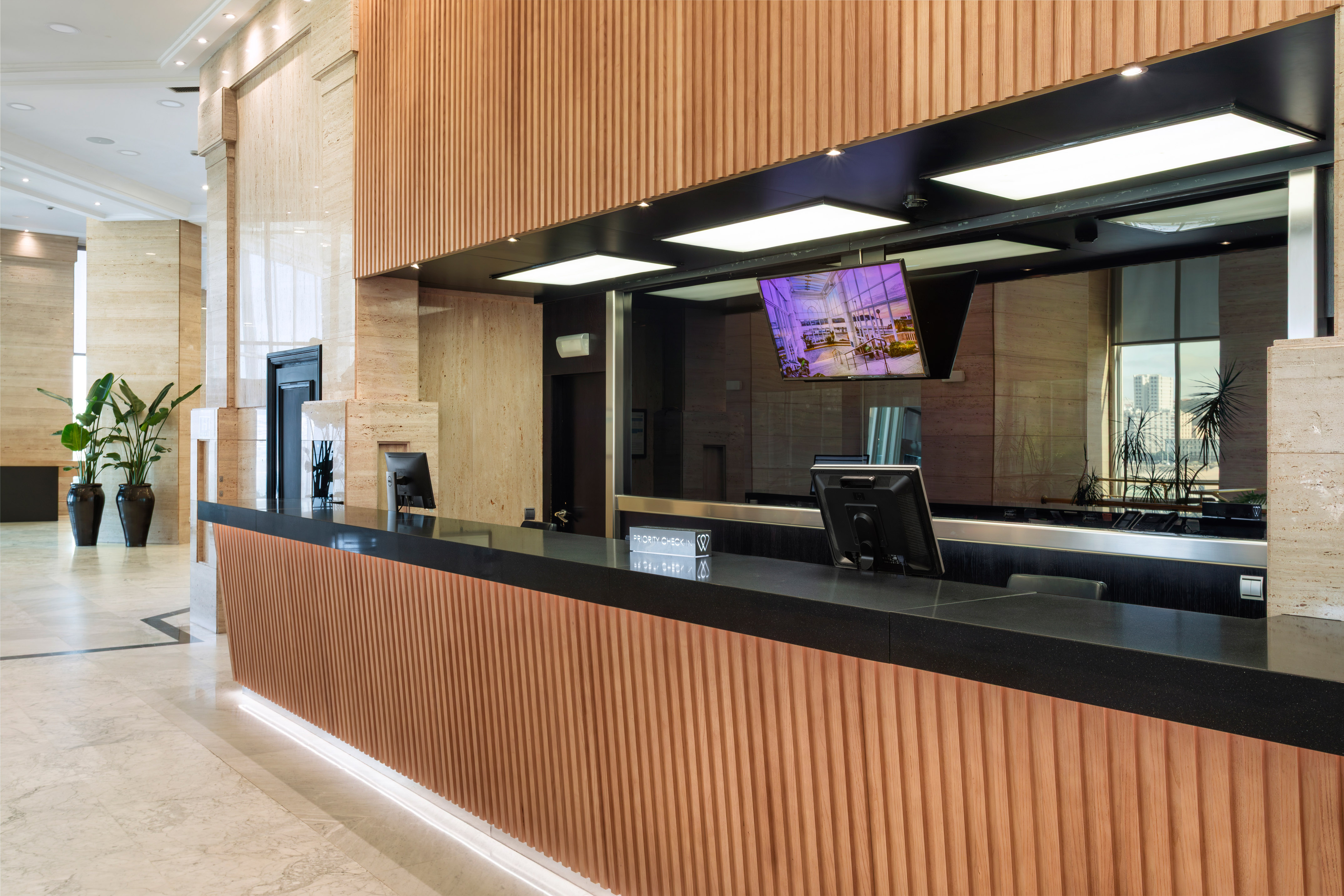 a reception desk in a building