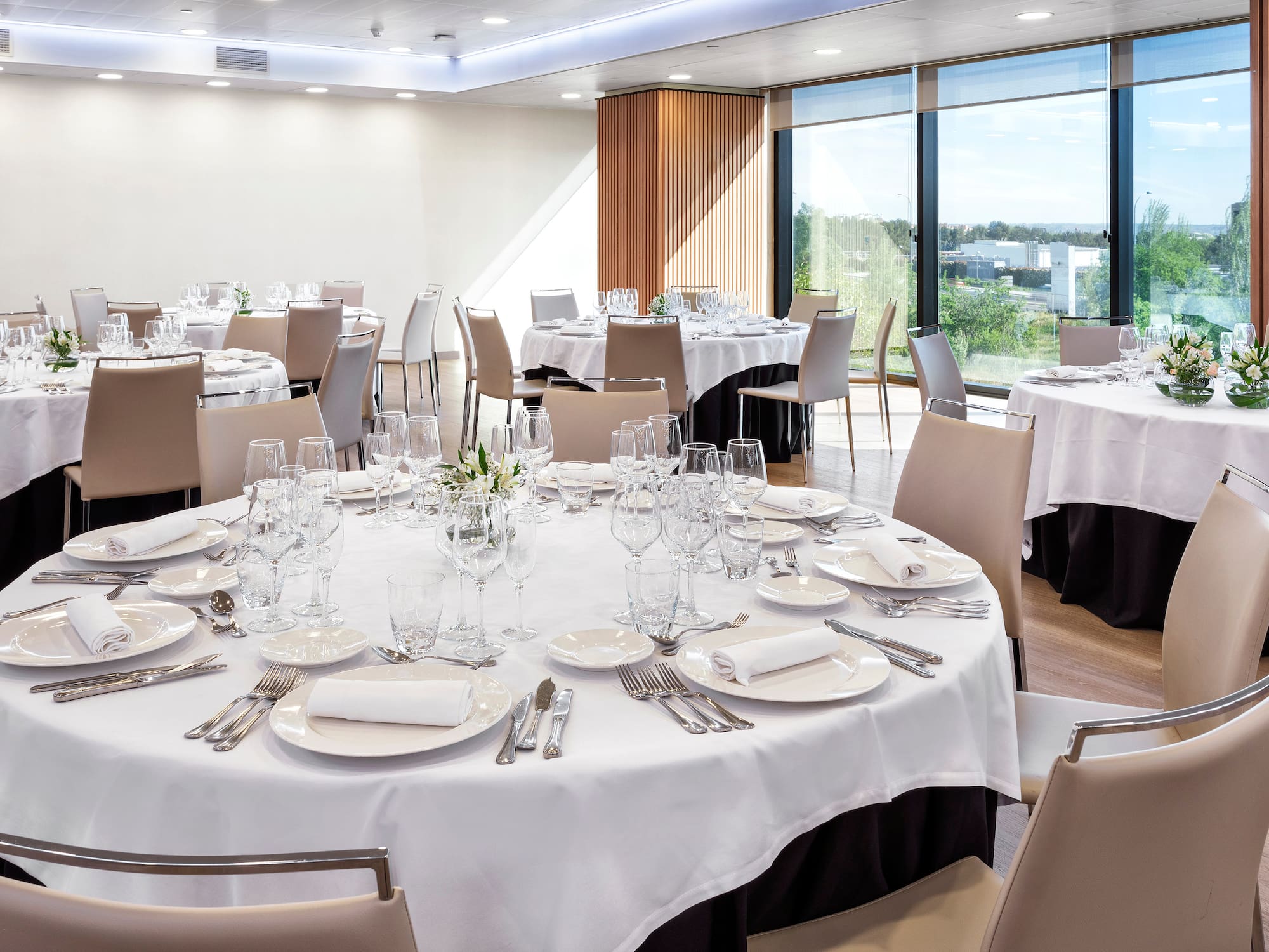 a room with tables and chairs