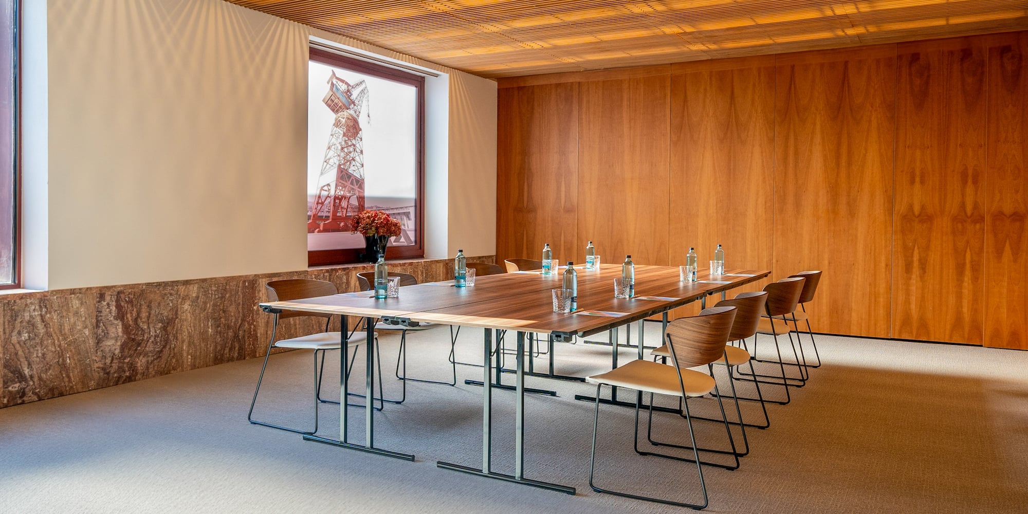 a room with a table and chairs