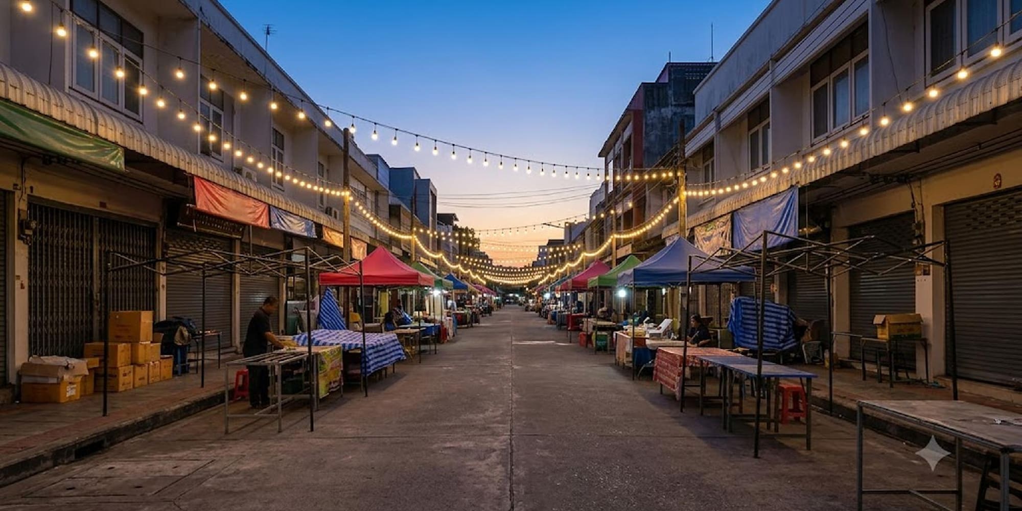 Street market at dusk with string lights and rows of colorful stalls.