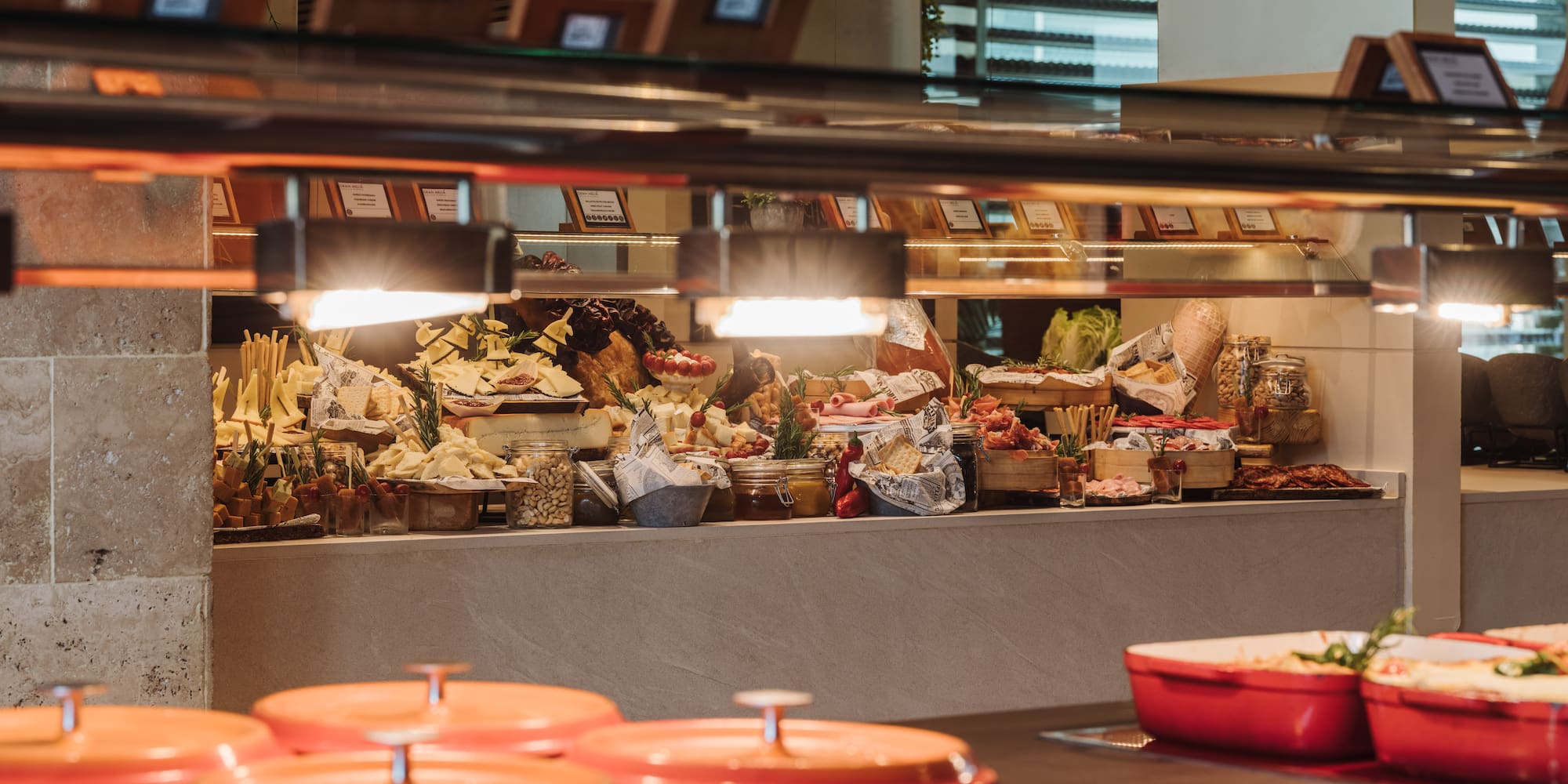a buffet with food on the counter
