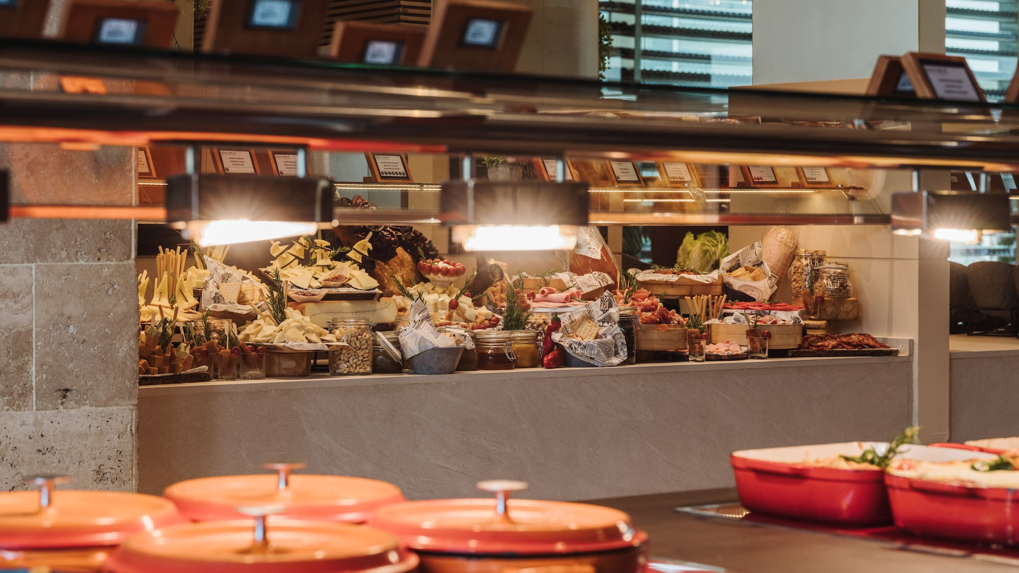 a buffet with food on the counter