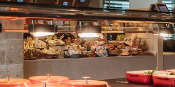 a buffet with food on the counter