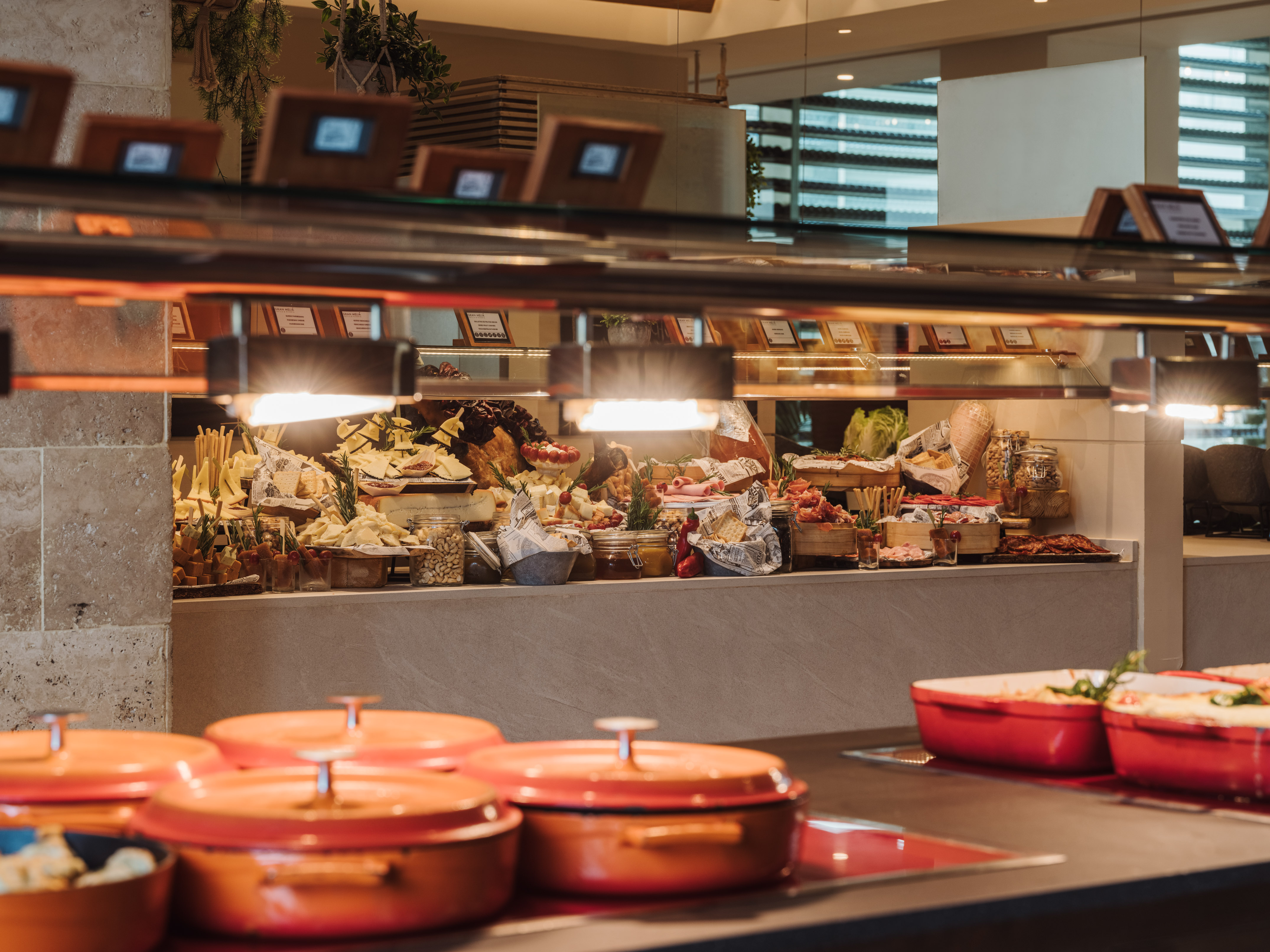 a buffet with food on the counter