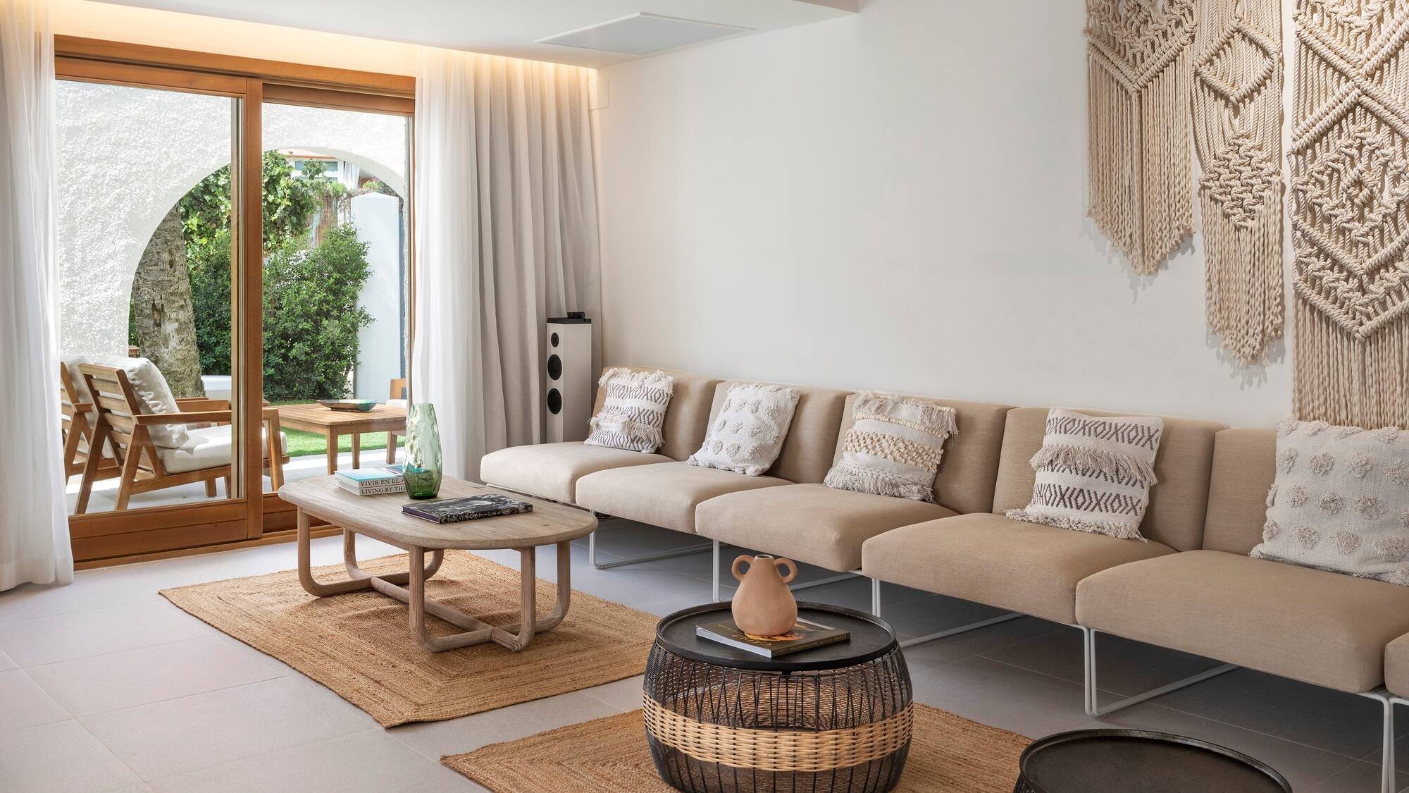a living room with a couch and coffee table