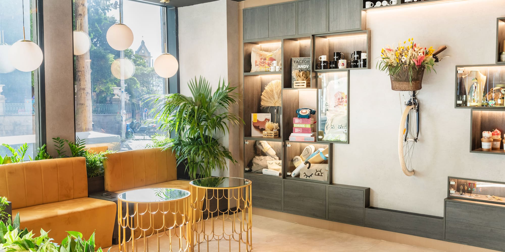 a room with a couch and shelves