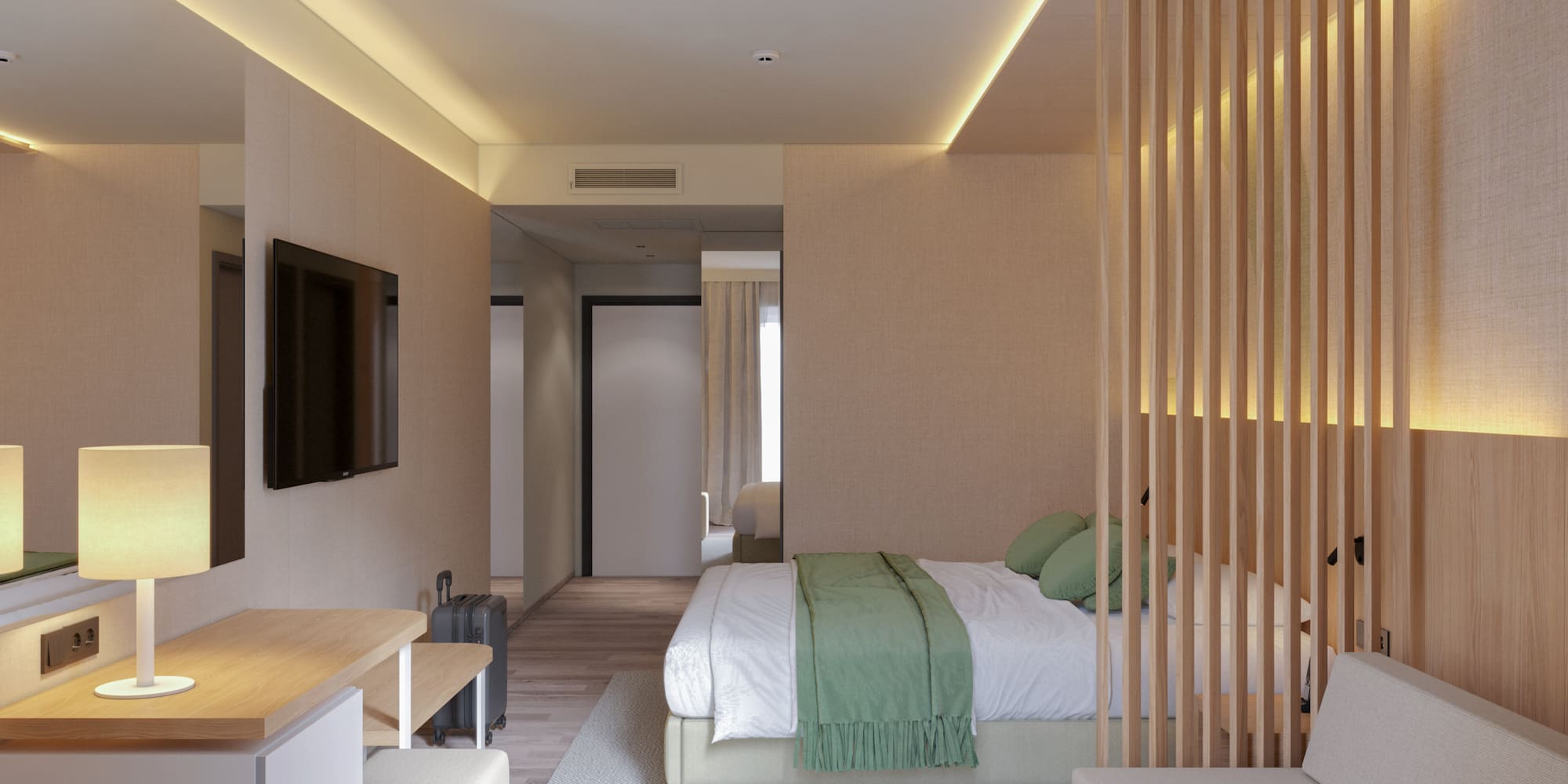 a room with a bed and a tv